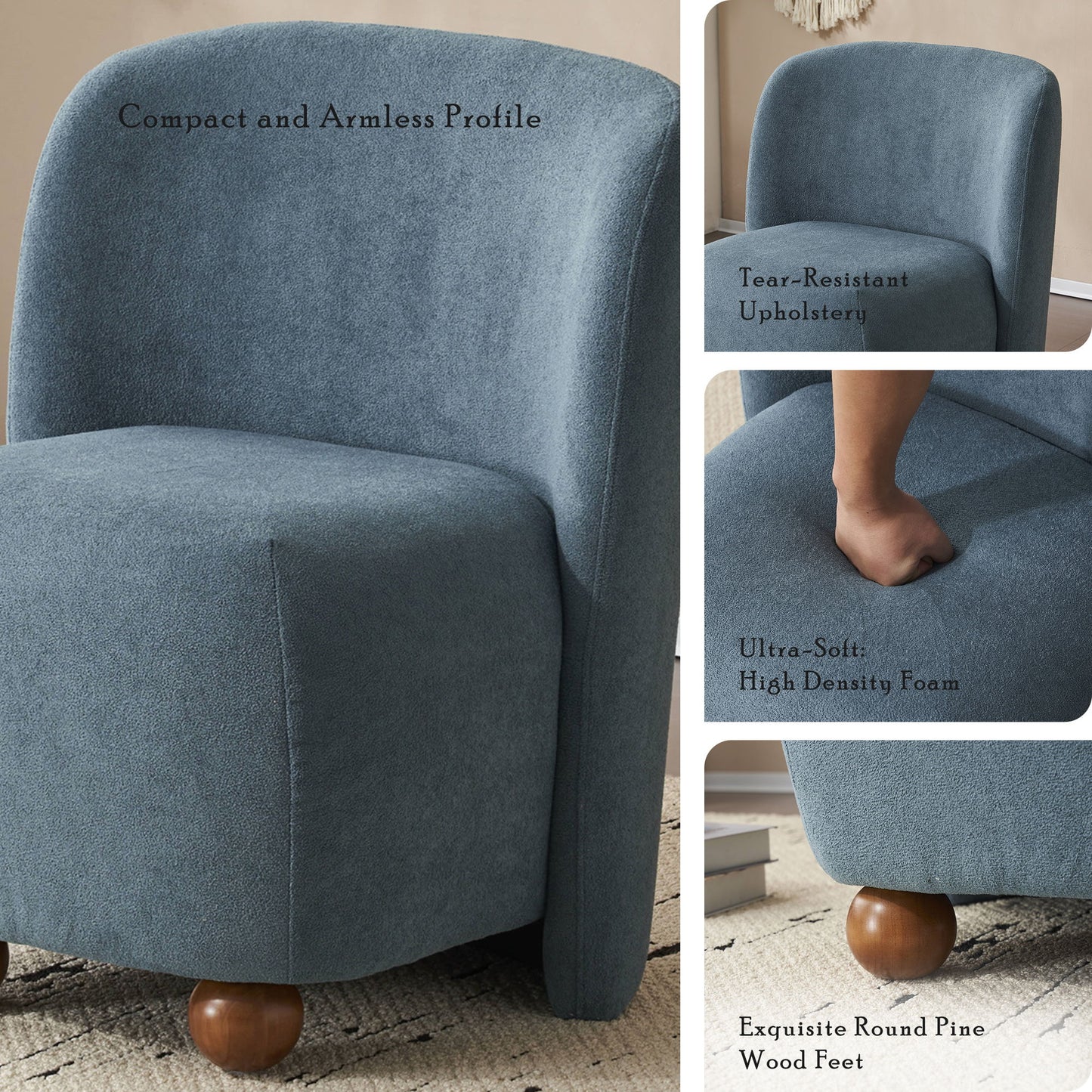 Modern Low Back Accent Chair, Upholstered Armless Living Room Chairs, Round Pine Wood Feet, For Small Living Spaces, Living Room - Blue