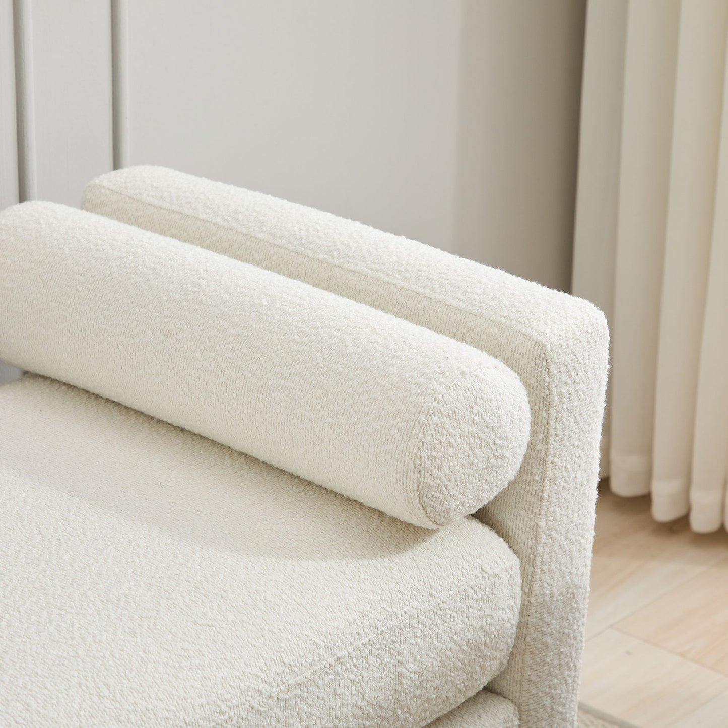 Elegant Upholstered Bench Daybed Ottoman With Nature Wood Legs & Bolster Pillows - Ivory Boucle