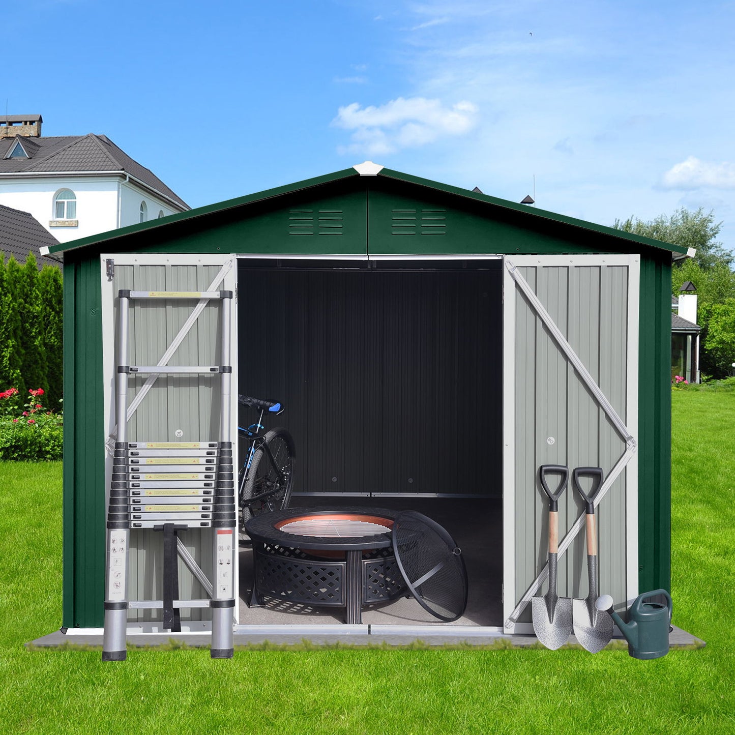 10'x8' Garden Sheds Outdoor Storage Sheds - Green / White