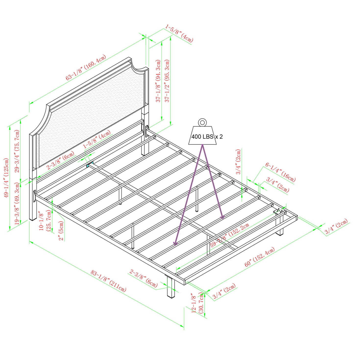 Queen Bed Frame Traditional Upholstered Metal - Tan