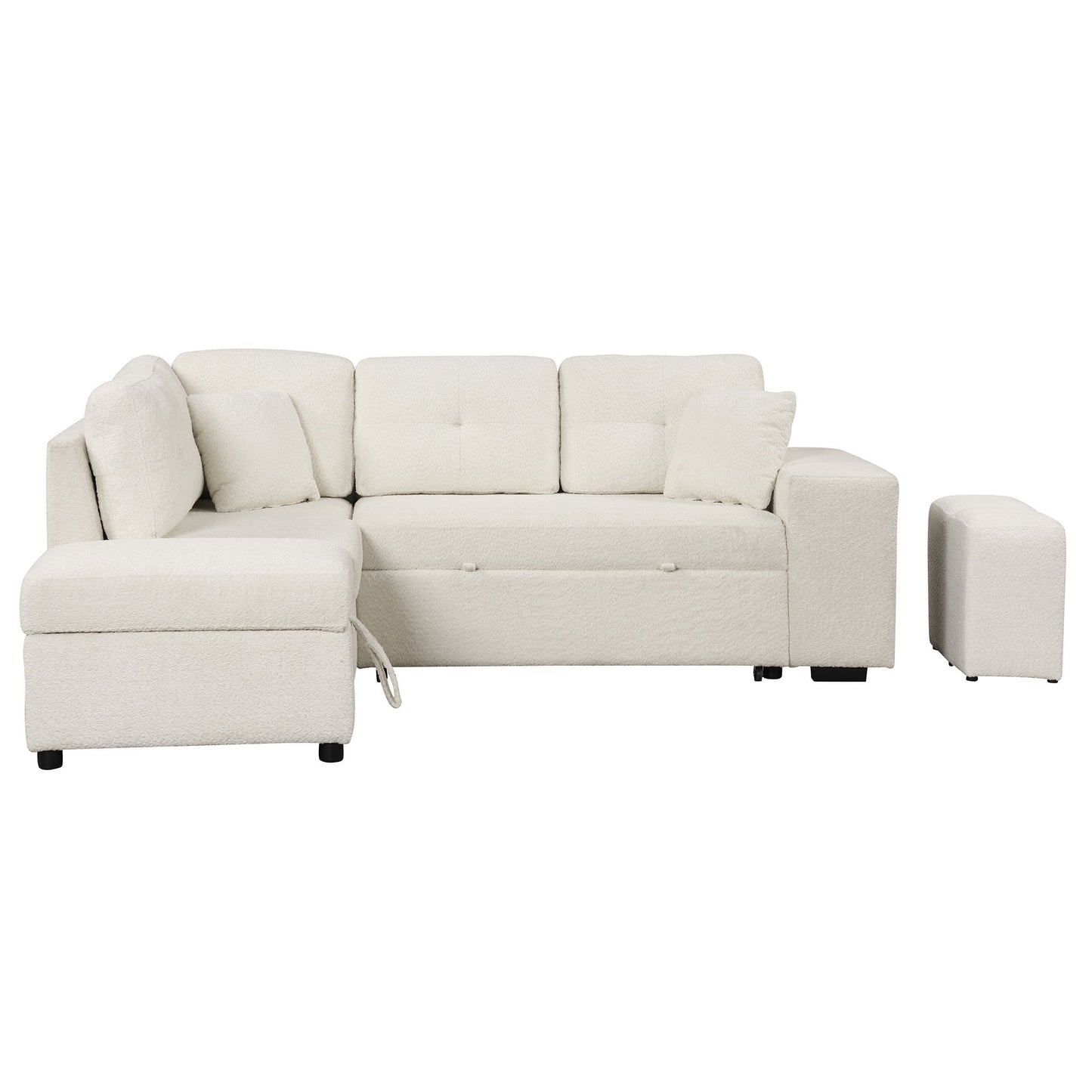 Convertible Sleeper, Sectional Pull Out Sofa Bed With Storage Ottoman, 2 Throw Pillows, 2 Stools, Wireless Charger And Two Hidden USB Ports For Living Room - Cream