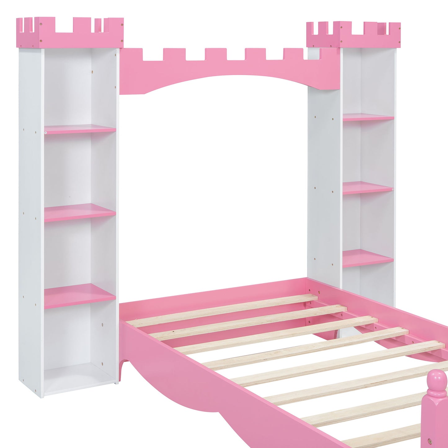 Castle Shaped Bed With Storage Shelf, Dreamy Twin Size Platform Bed For Kids Bedroom - White / Pink
