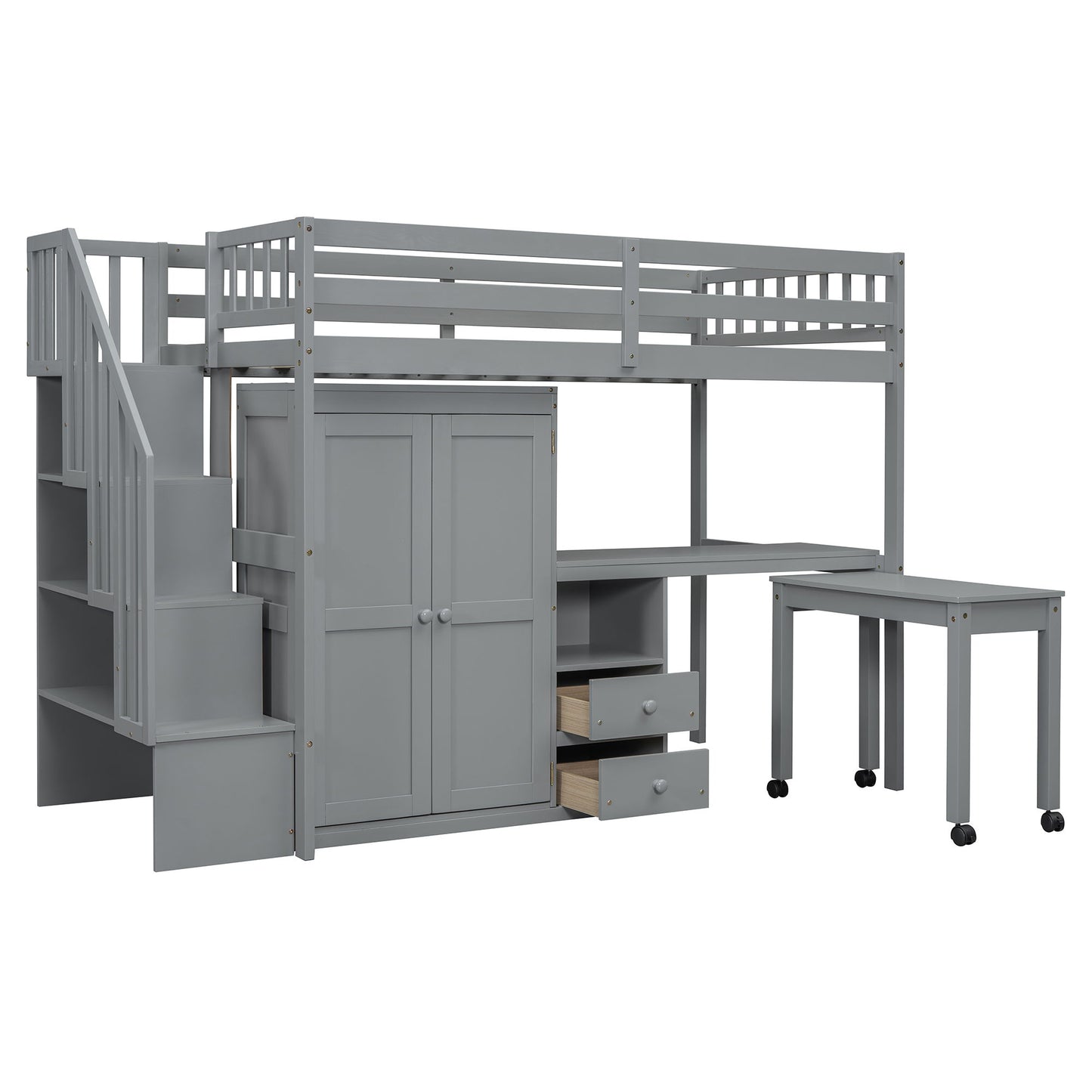 Twin Size Loft Bed With Stairs, Bookshelf, Drawers, Desk & Wardrobe, Space Saving Multifunctional Furniture - Gray
