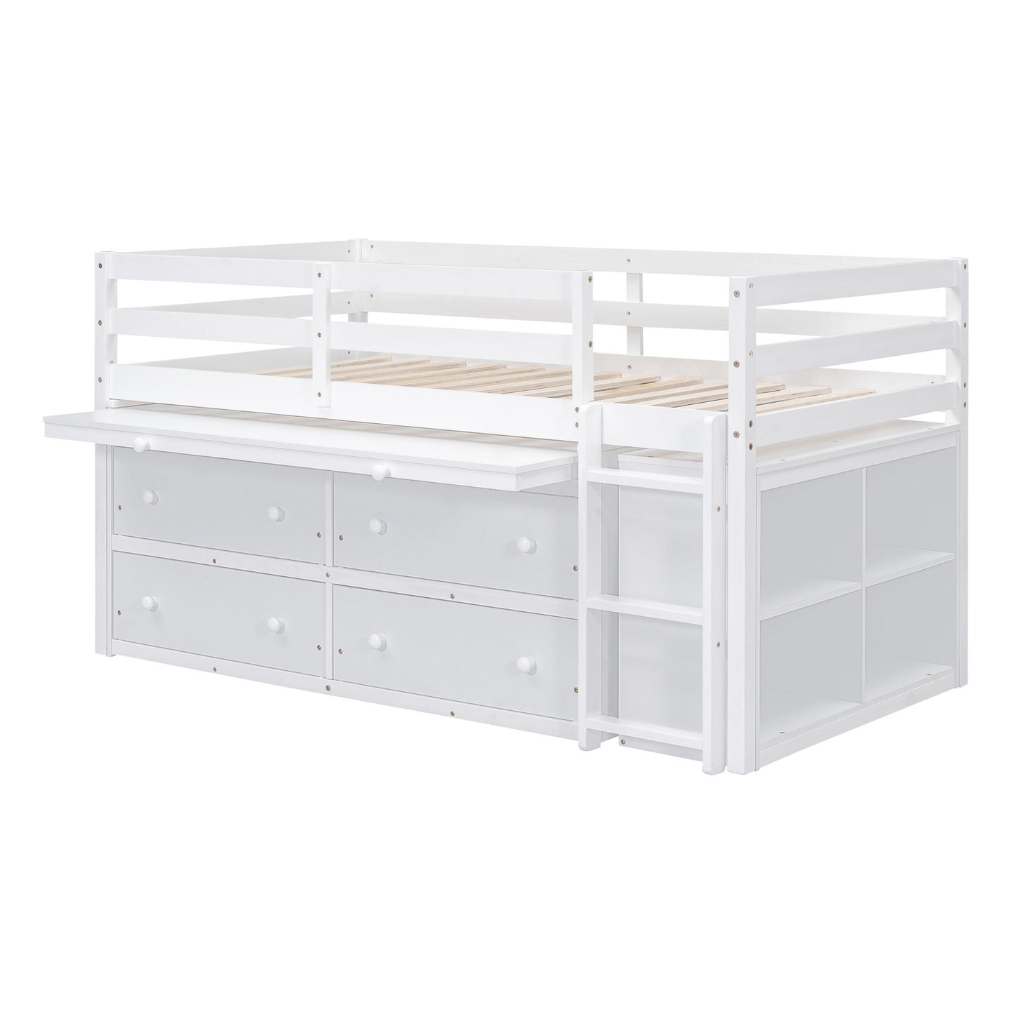 Twin Size Loft Bed With Retractable Writing Desk And 4 Drawers, With Lateral Portable Desk And Shelves - White