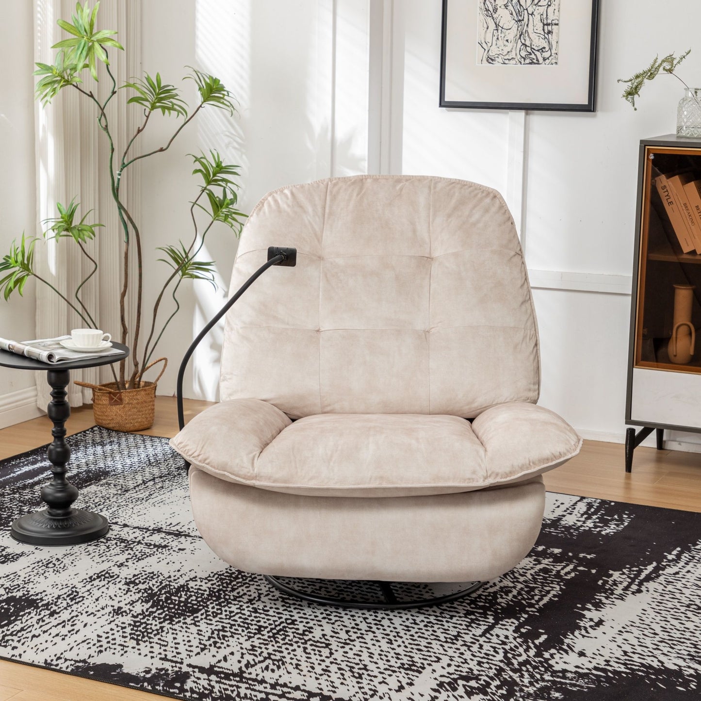Modern Swivel Gliding Recliner Chair With Rocking Function And Phone Holder - Large Comfortable Reading Chair In Gold Stamped Velvet - Ivory