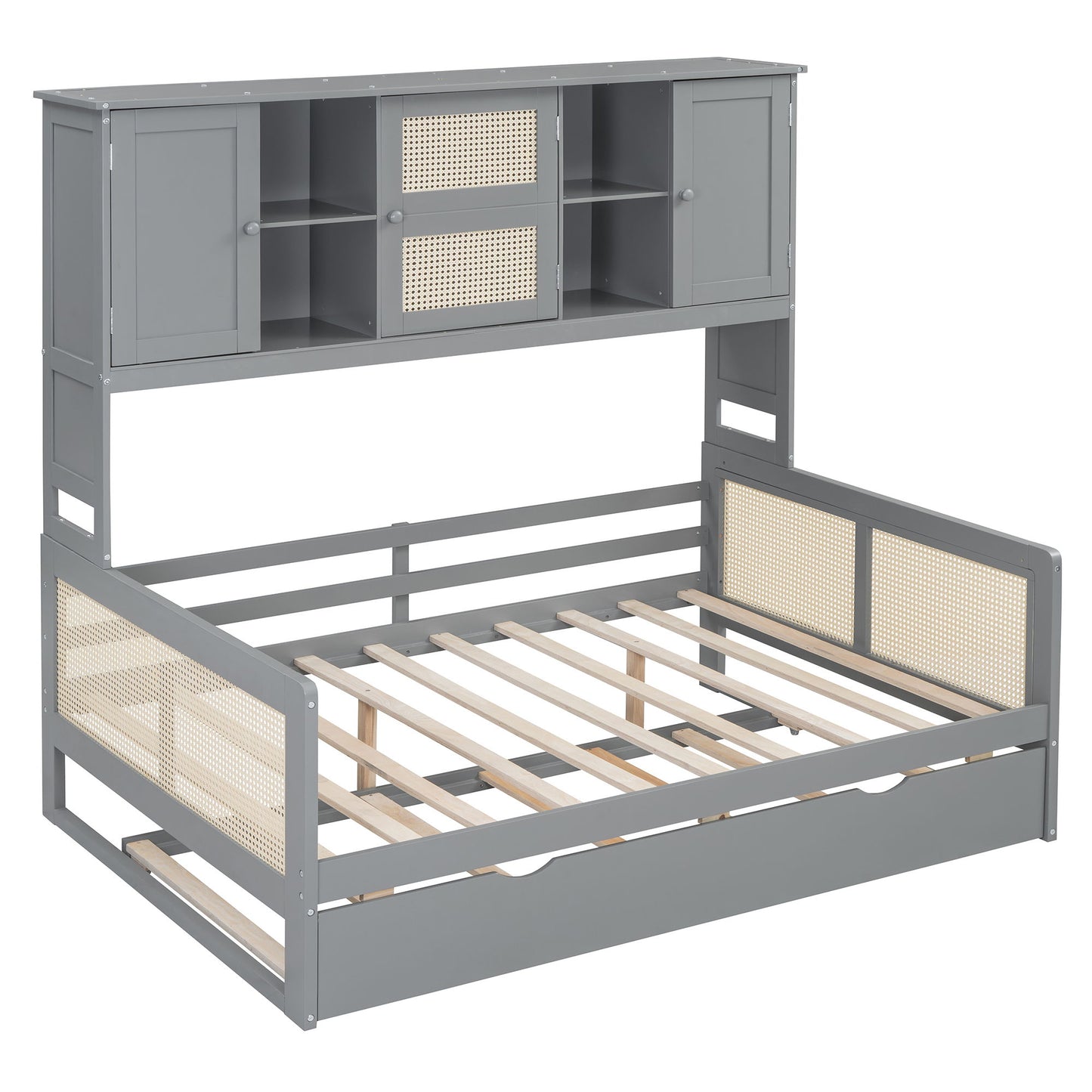 Full Size Wooden Daybed & Twin Size Trundle, And All In One Cabinet And Shelf - Gray
