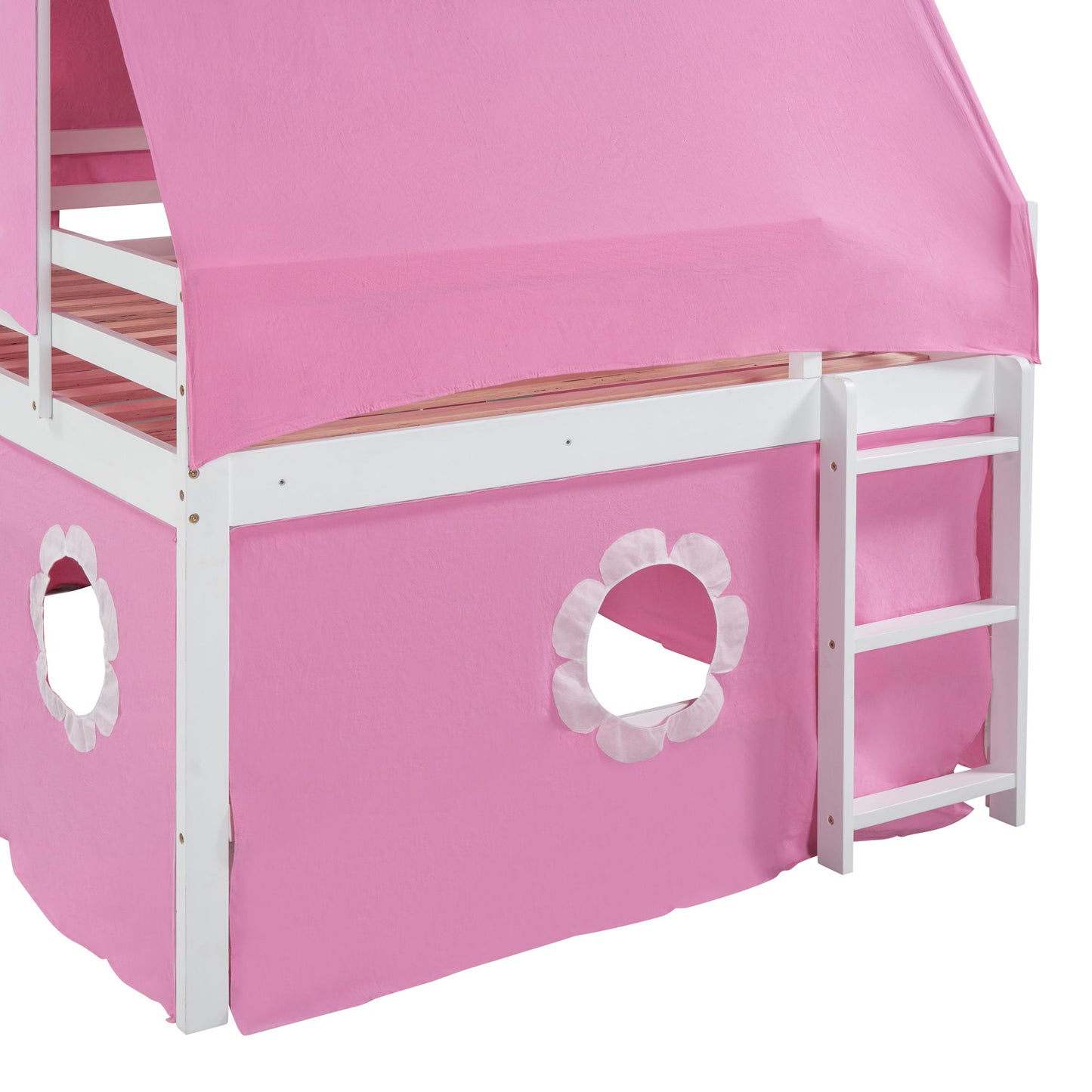 Full Size Loft Bed With Slide And Tent Tower Space Saving Fun Design For Kids - Pink