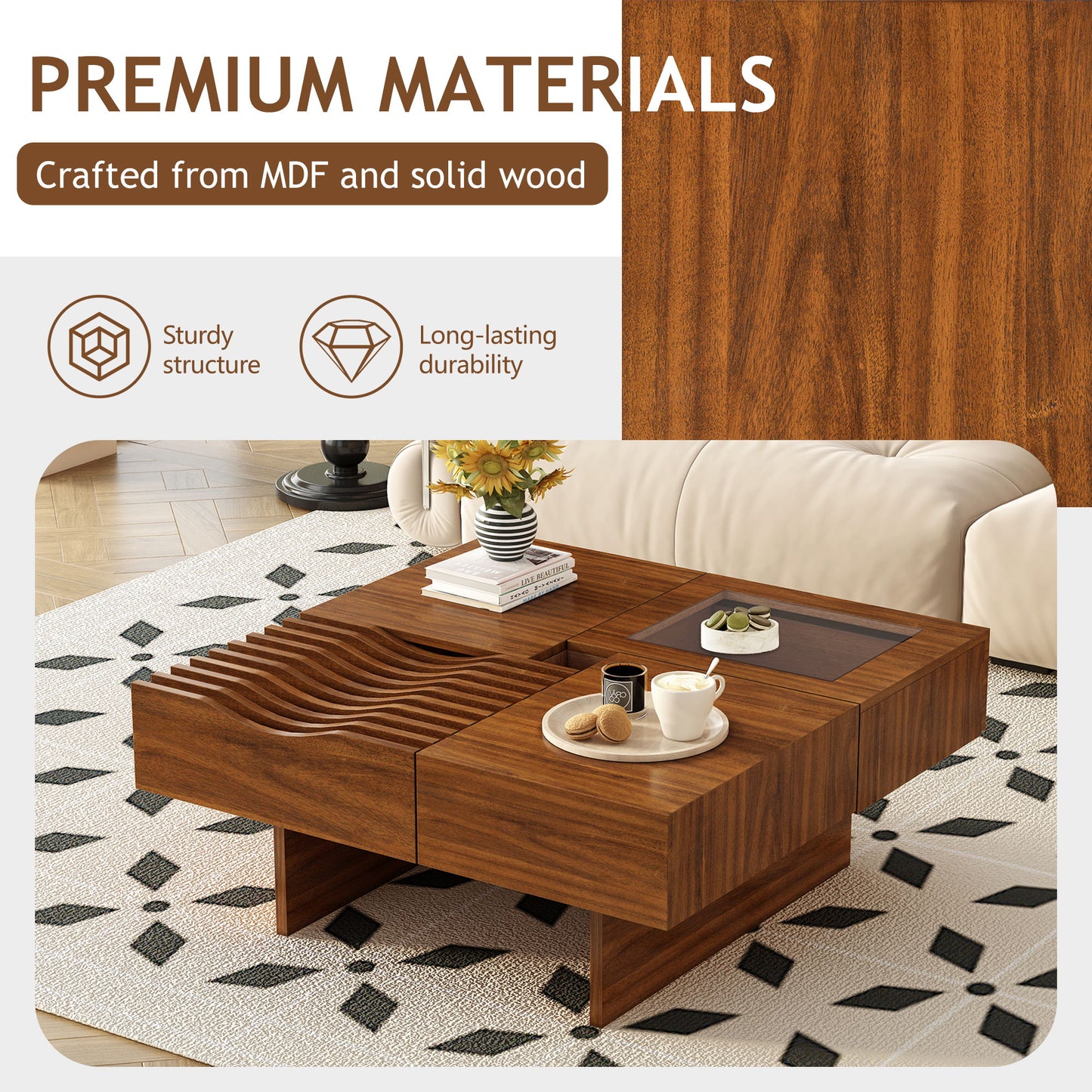 Mid Century Modern Coffee Table, Unique Square Wooden Coffee Table With 3 Drawers, Tempered Glass And Solid Wood Legs For Living Room - Brown