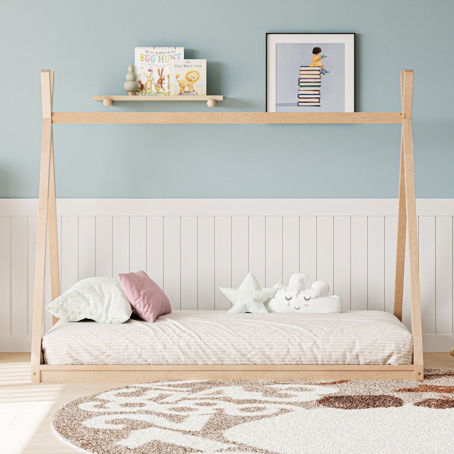 Wood Twin Size Tent Bed For Kids, Montessori Style Low - Floor Bed, House-Shape Tent Bed Frame For Boys Girls Teens, Without Slats - Natural