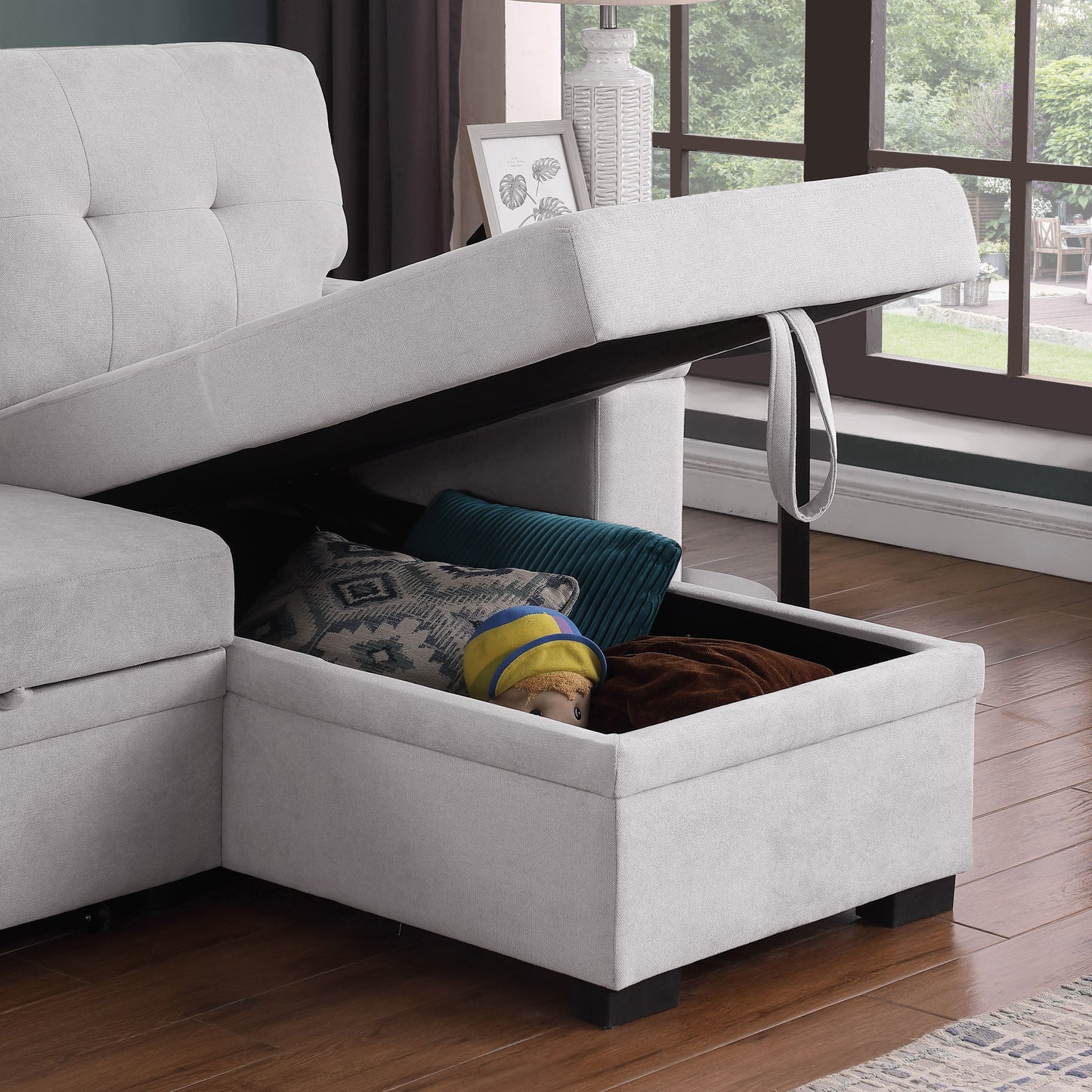 Lucca II - Woven Fabric Reversible Sleeper Sectional Sofa With Storage Chaise and Pocket Coil Seating - Light Gray