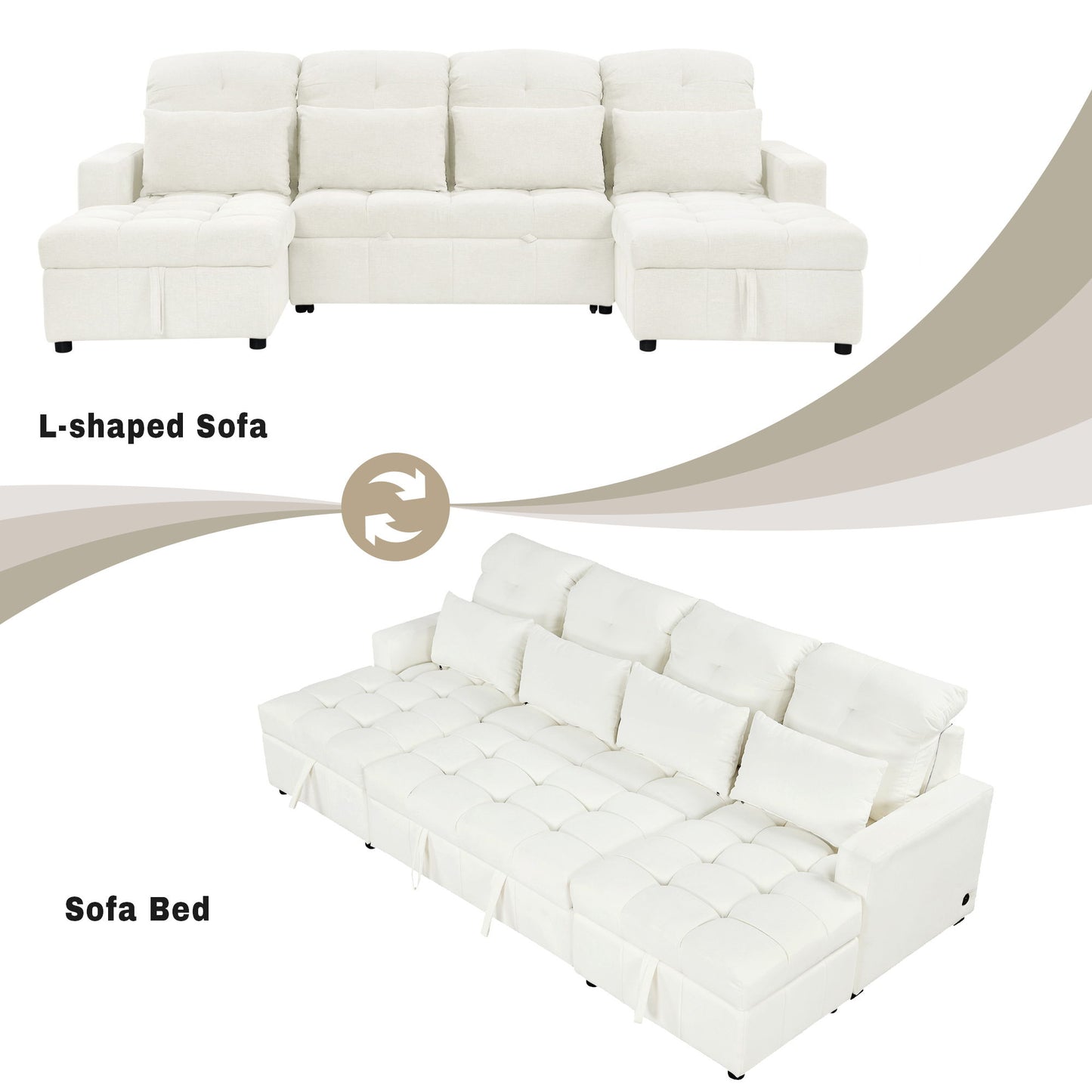 Oversized U - Shaped Sofa Versatile Sectional Sofa Pull Out Sofa Bed With Double Storage Chaise Lounges And 2 USB Ports For Living Room - Beige