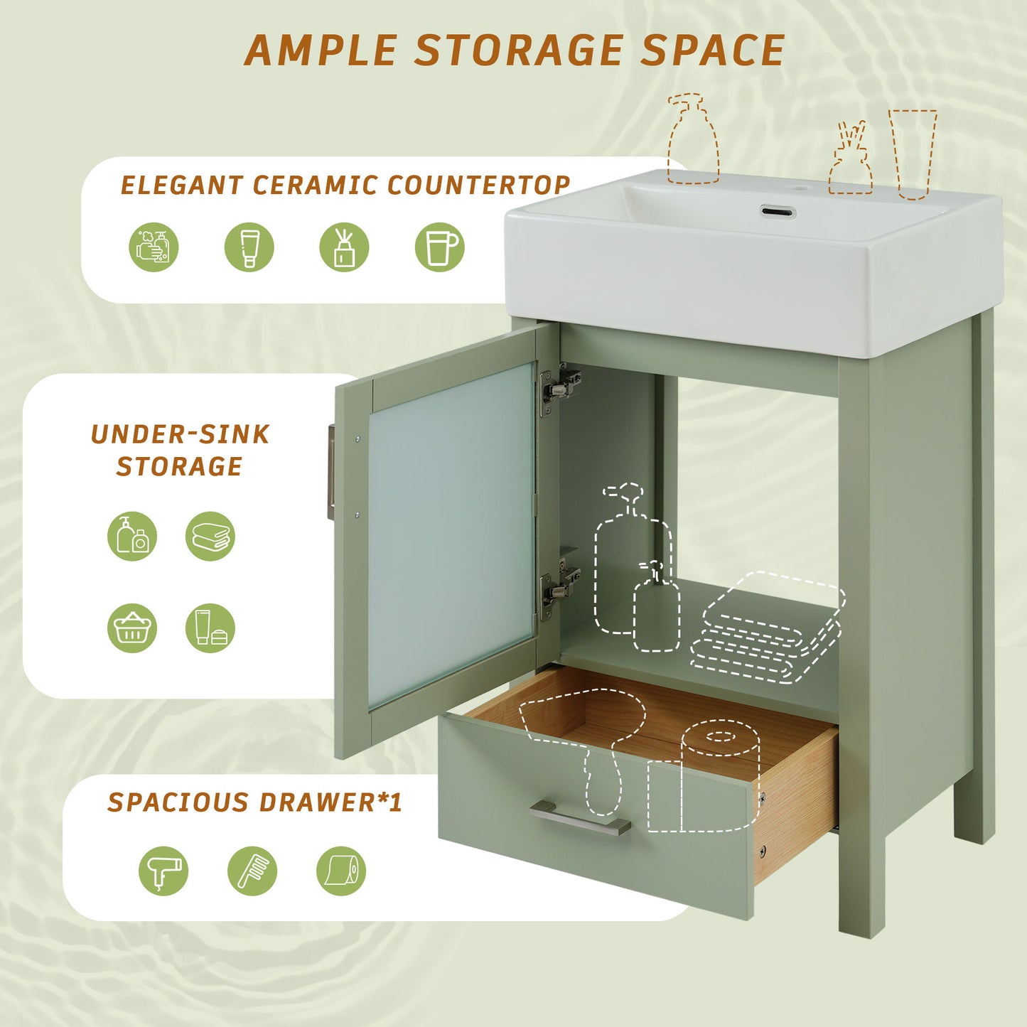 Bathroom Vanity With Ceramic Sink And Ample Storage, Ideal For Small Bathrooms - Green