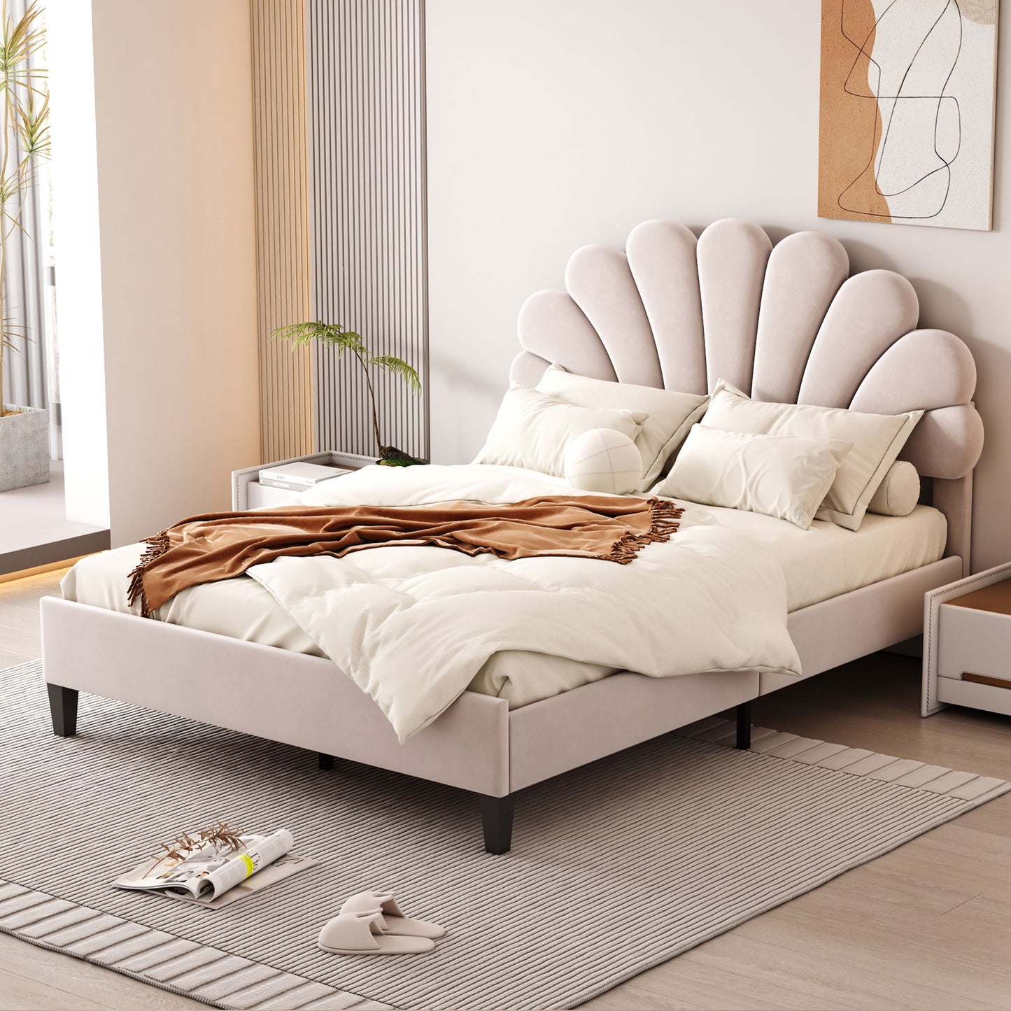 Full Size Upholstered Platform Bed With Flower Pattern Headboard - Beige