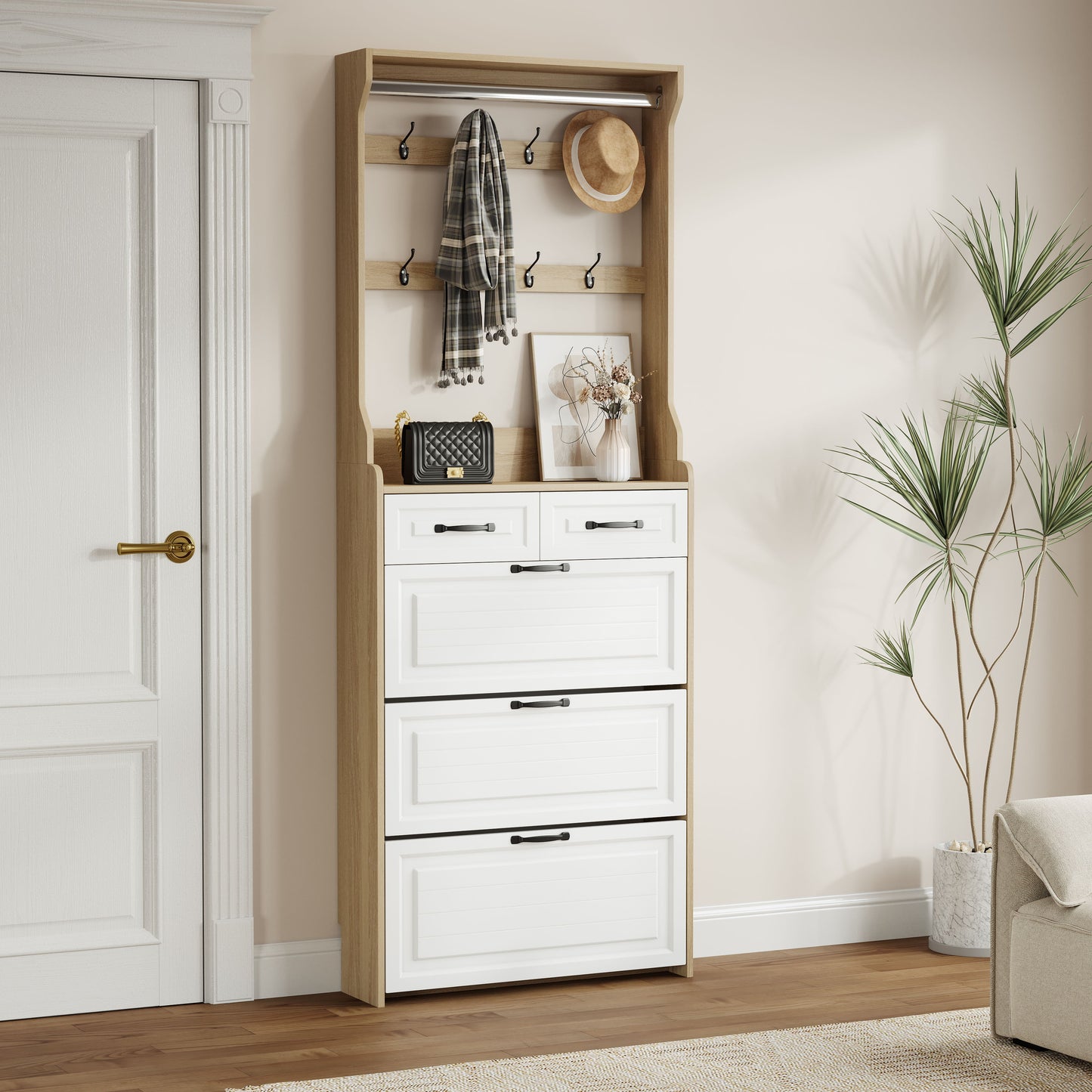 Shoe Cabinet With 3 Doors 2 Drawers With Hanger, Door With Shape, Large Space For Storage - White