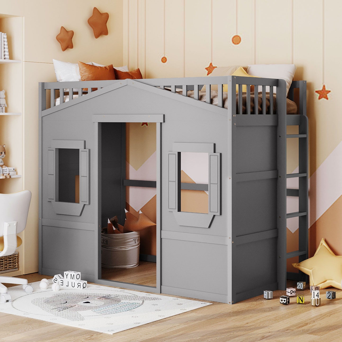 Twin Size House Loft Bed With Ladder - Gray