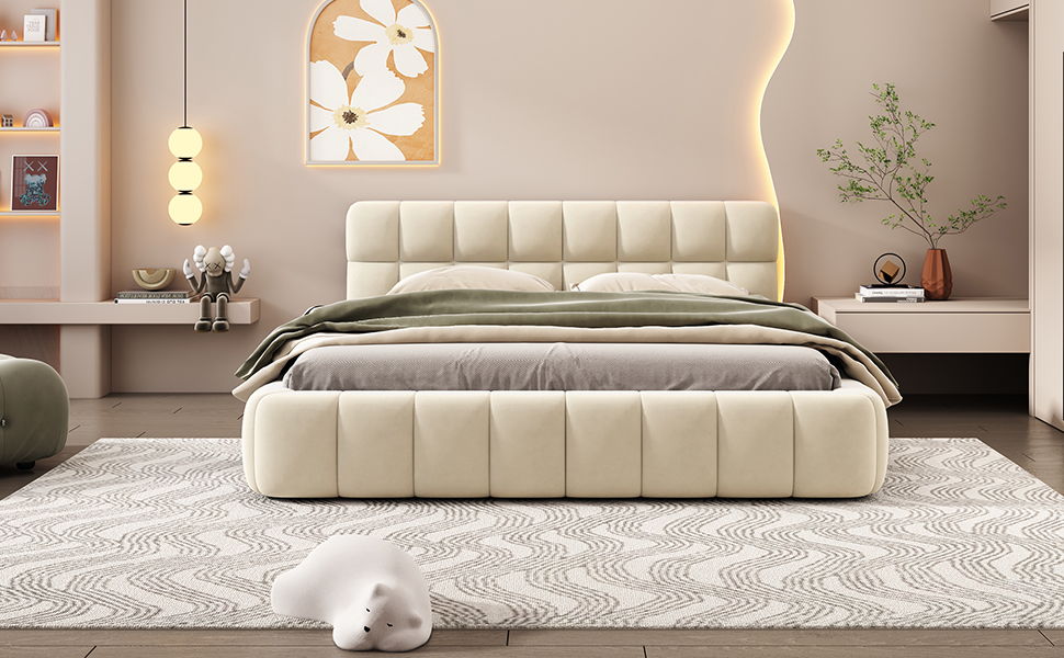 Queen Size Upholstered Platform Bed With Thick, Grounded Bed With Solid Frame - Beige