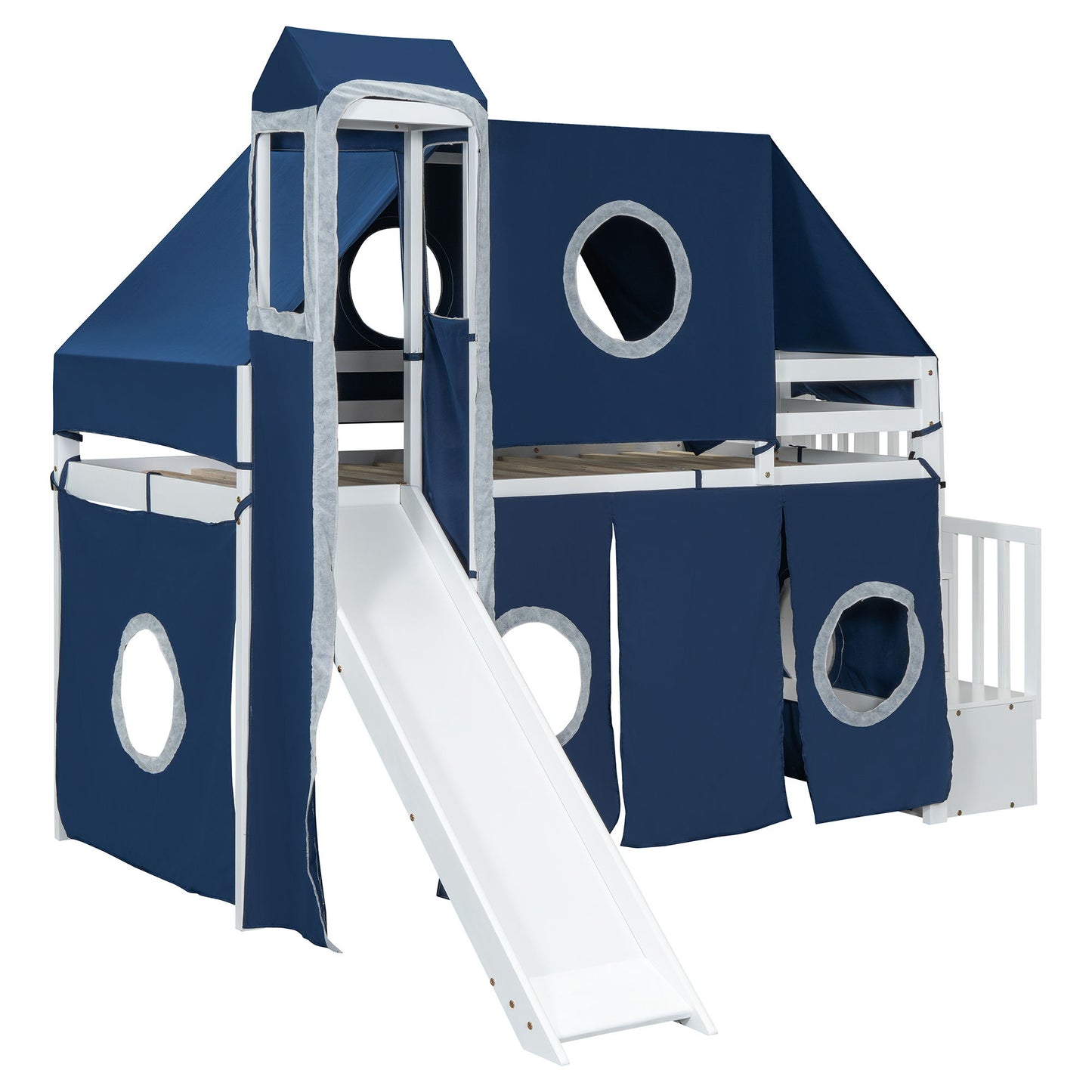 Twin Size Loft Bed With Tent And Tower - Blue