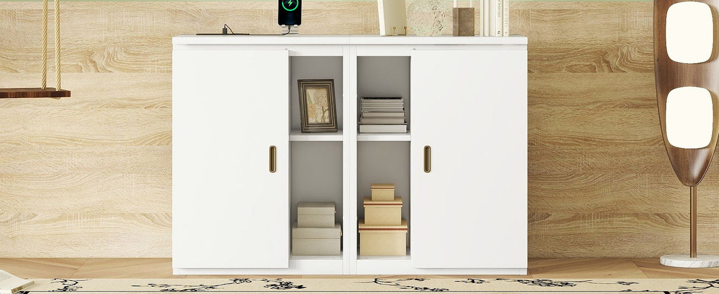 Full Size Murphy Bed With Shelves, Cabinets And USB Ports - White