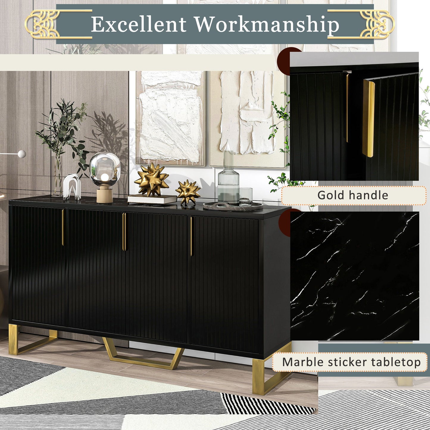 Modern Sideboard With Four Doors, Metal Handles & Legs And Adjustable Shelves Kitchen Cabinet - Black