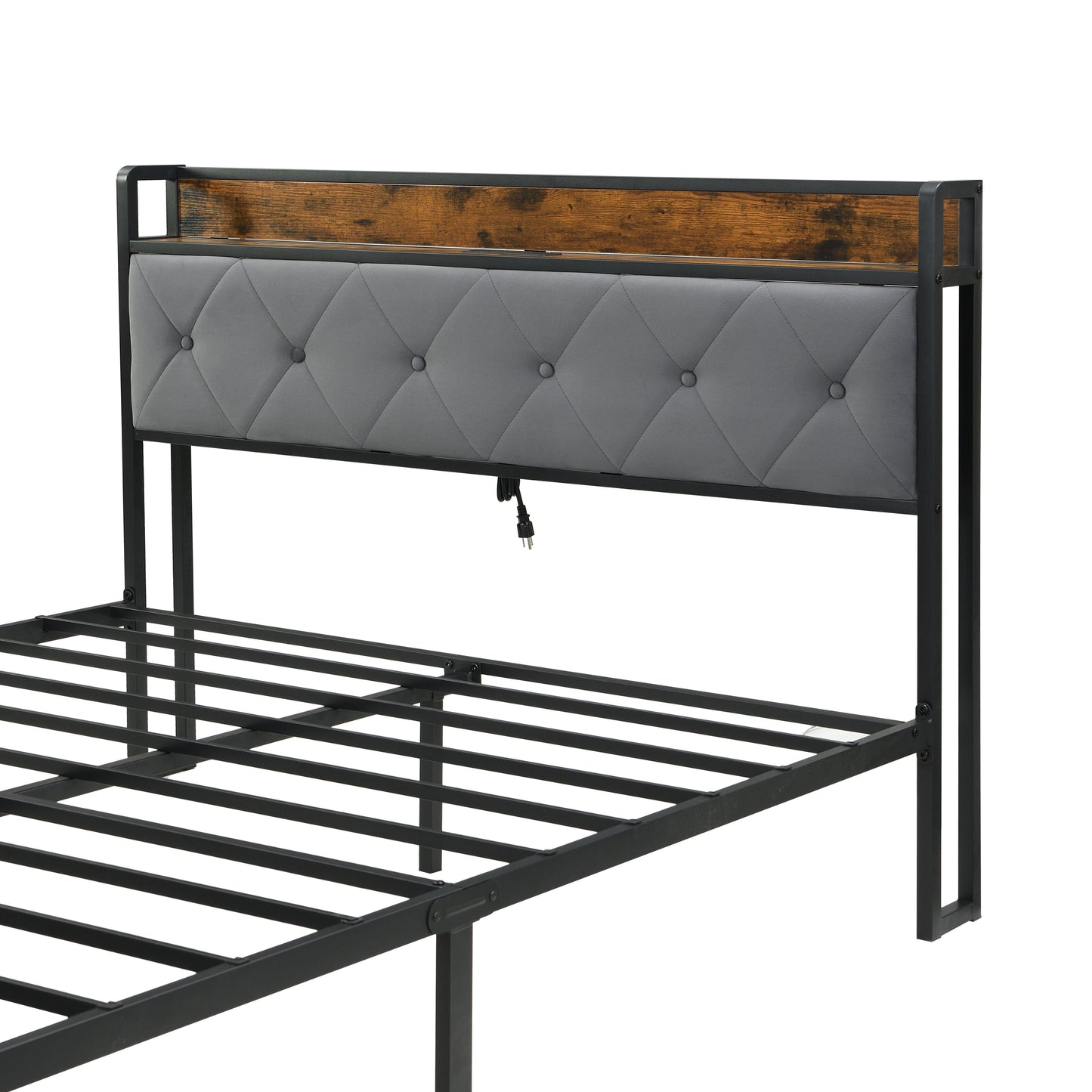 Modern Queen Bed Frame With LED Lights, Storage Drawers, USB & Charging StationUpholstered Headboard, & Iron - Gray