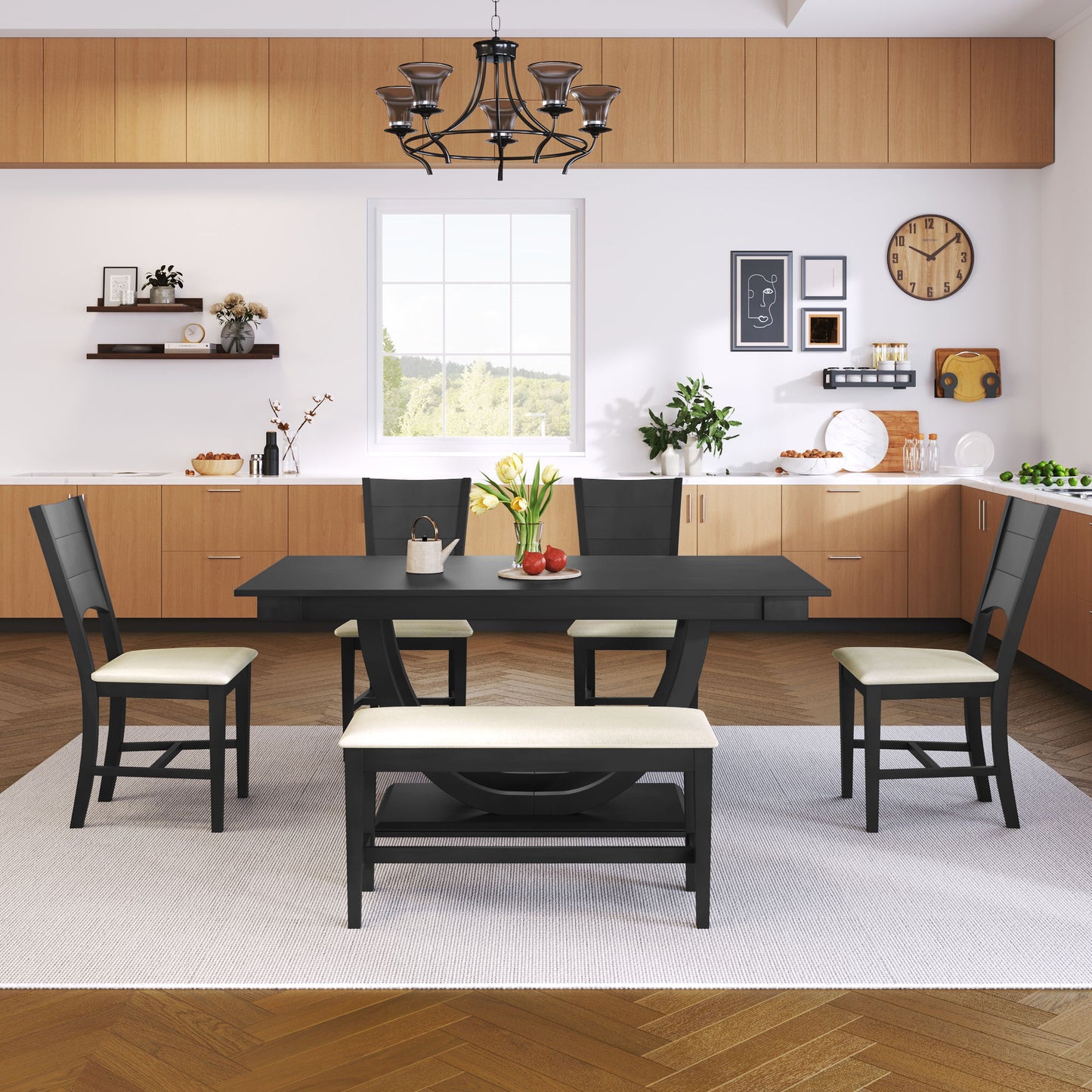 Topmax - 6 Piece Wood Half Round Dining Table Set Kitchen Table Set With Long Bench And 4 Dining Chairs, Modern Style - Gray