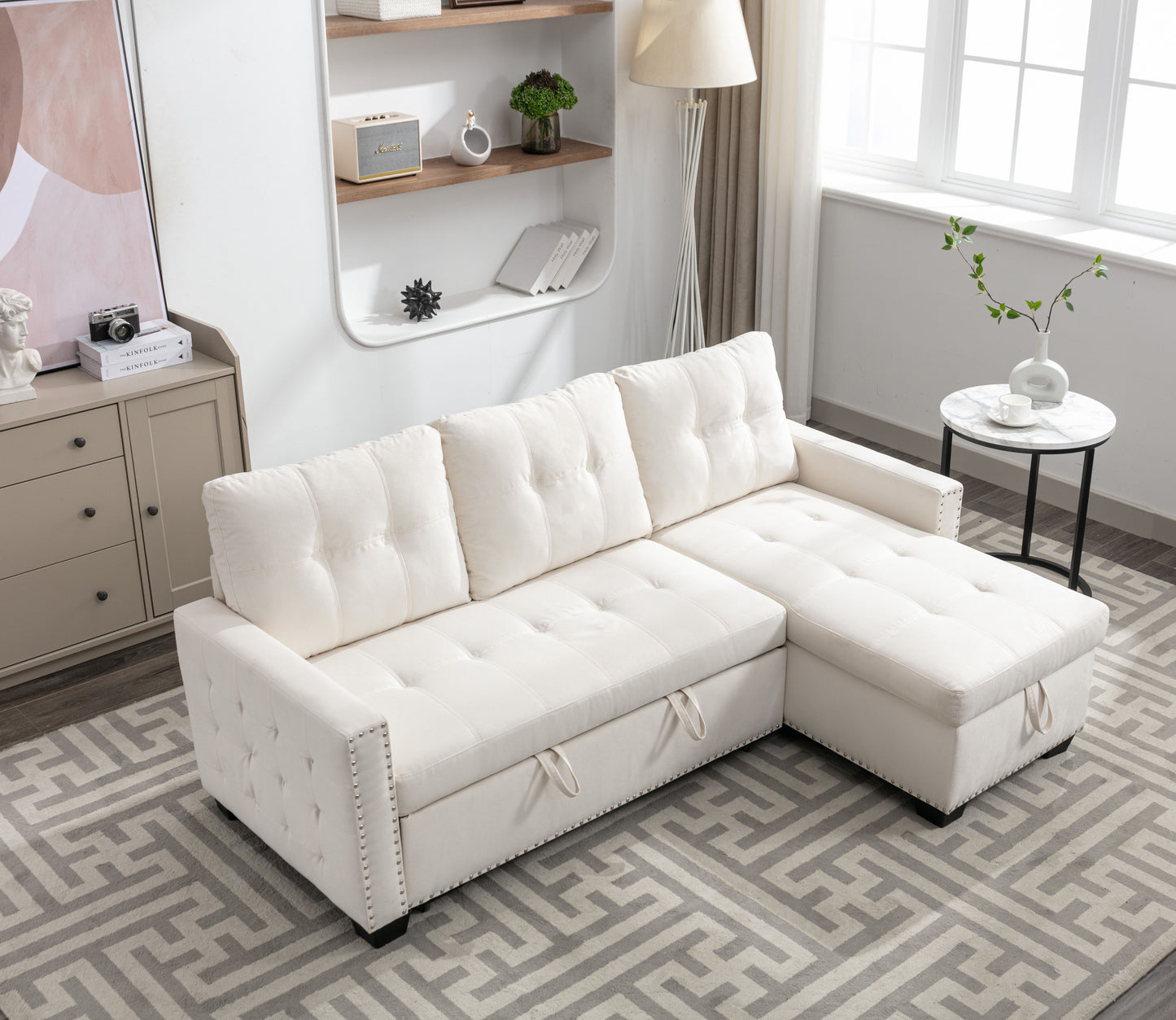 Reversible Sectional Storage Sleeper Sofa Bed, L-Shape 2 Seat Sectional Chaise With Storage, Skin-Feeling Velvet Fabric - Beige