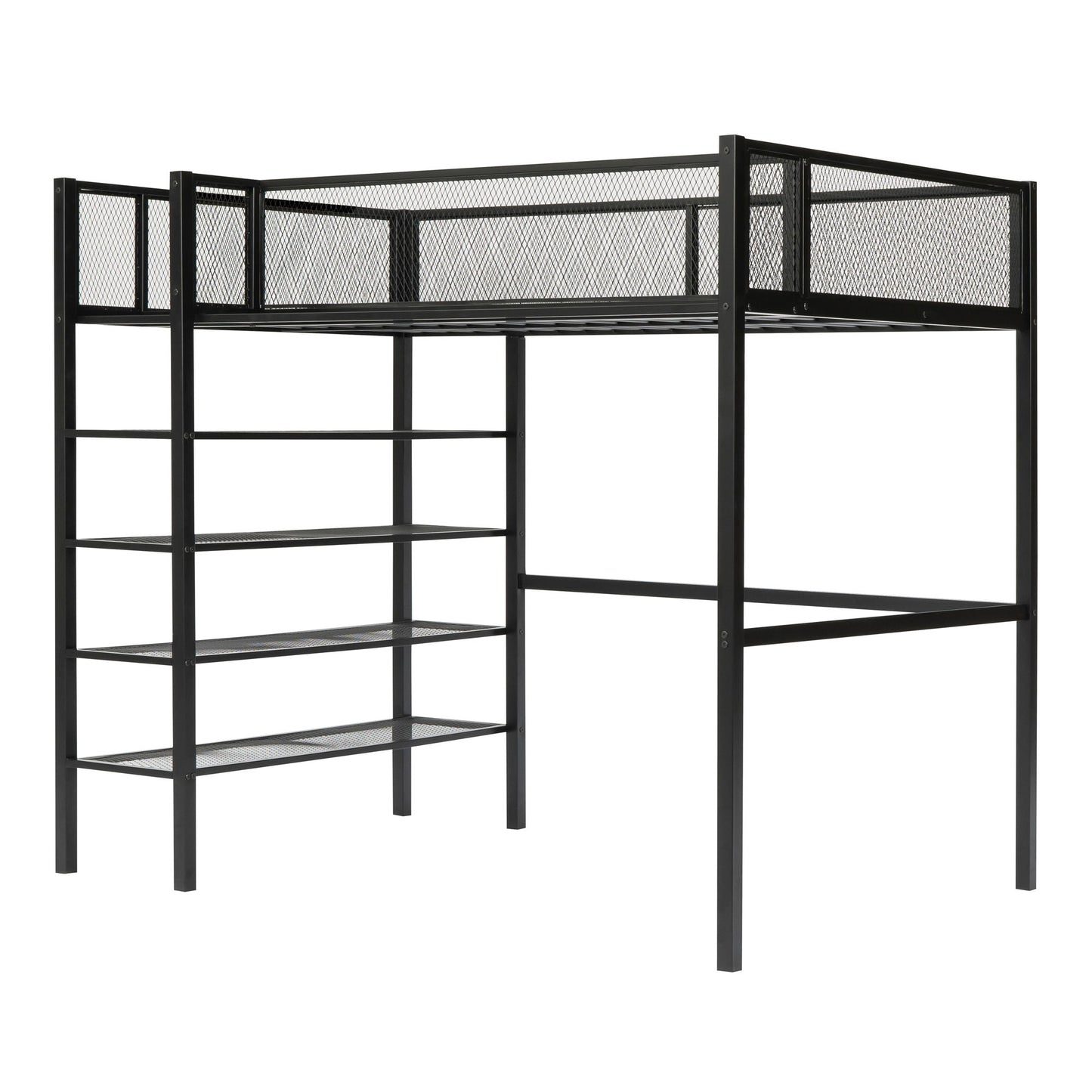 Twin Size Loft Bed With 4 Tier Shelves And Storage - Black