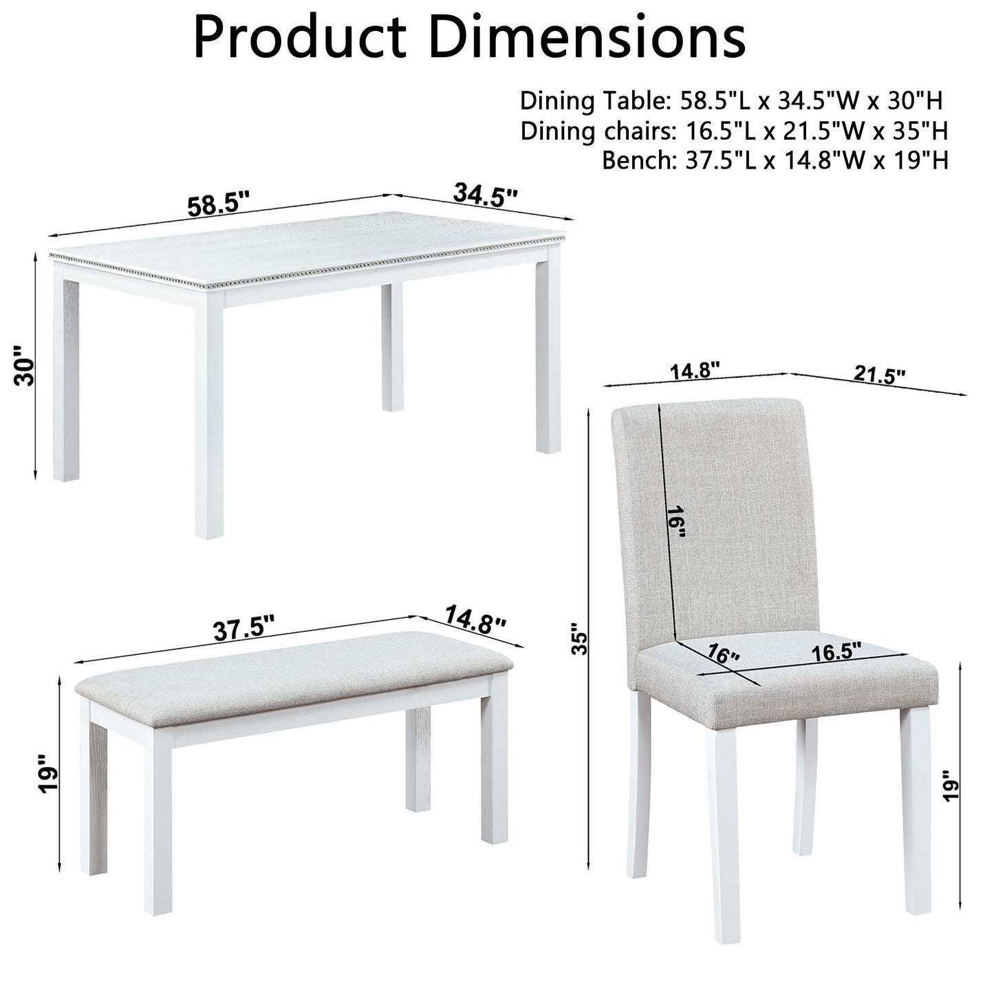 6 Piece Wooden Dining Table Set, Wooden Dining Table With 4 Upholstered Chairs And Bench For 6 People, Rectangular Dining Table Set With Crystal Decoration For Kitchen, Dining Room - White