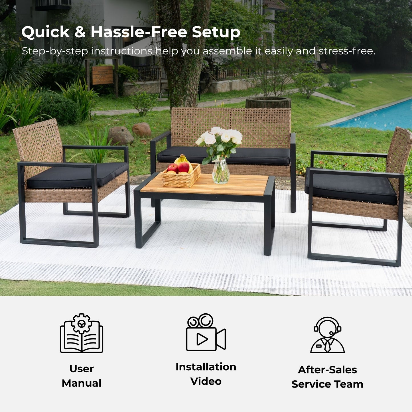 4 Piece Patio Furniture Set Outdoor Balcony Porch Garden Backyard Lawn Furniture Acacia Wood Table Top, Morden - Black And Light Brown
