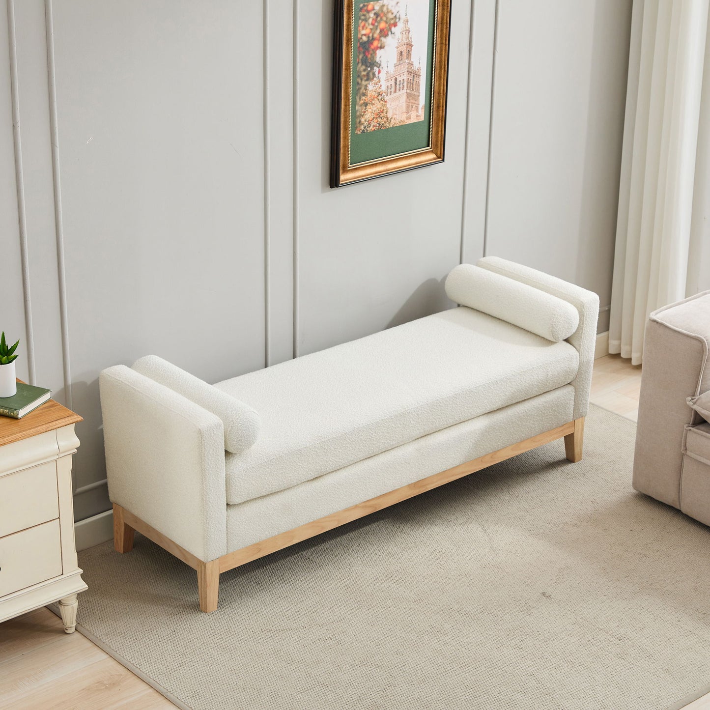 Elegant Upholstered Bench Daybed Ottoman With Nature Wood Legs & Bolster Pillows - Ivory Boucle