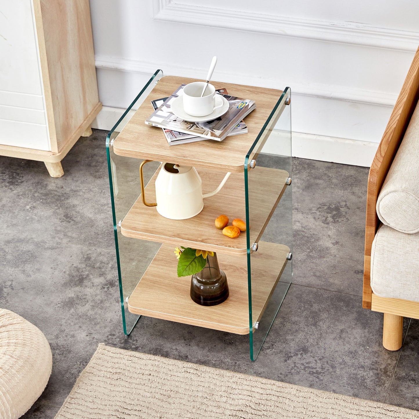 Modern 3 Layer Bedside Cabinet With Storage Function In Wood And Tempered Glass - Wood