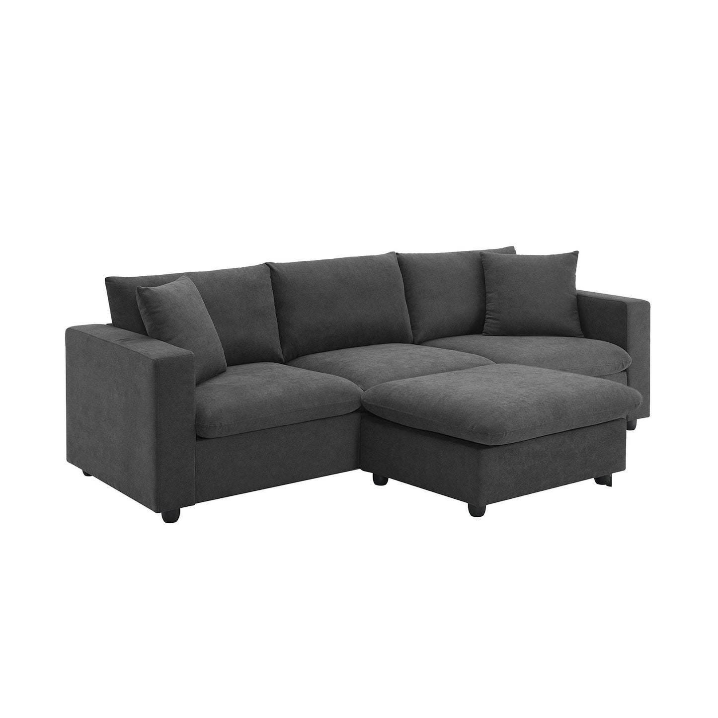 Modern Sectional Sofa, L-Shaped Couch Set With 2 Free Pillows, 4 Seat Polyester Fabric Couch Set With Convertible Ottoman - Dawn Gray
