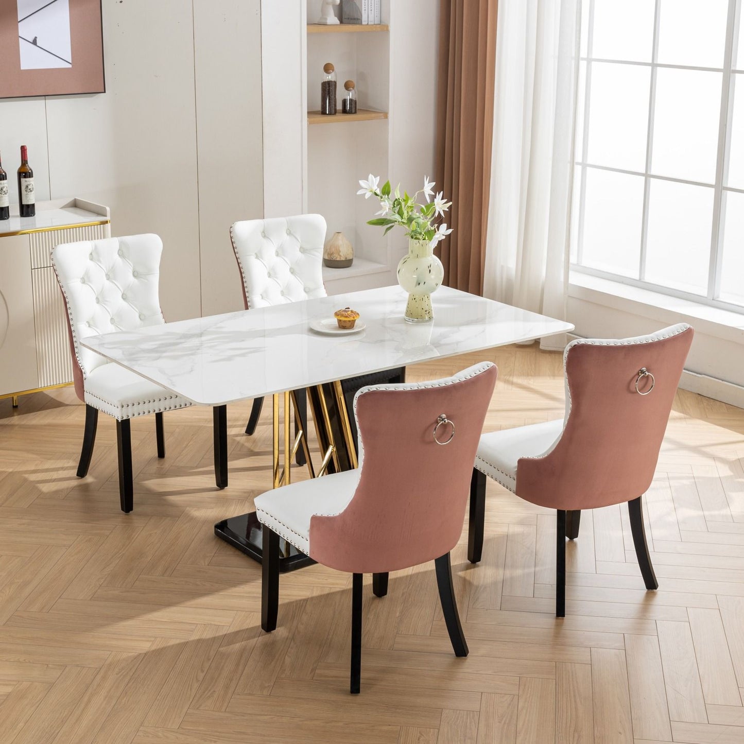 Nikki - Modern, High-End Tufted Solid Wood Contemporary And Velvet Upholstered Dining Chair With Wood Legs Nailhead Trim (Set of 2) - White / Pink