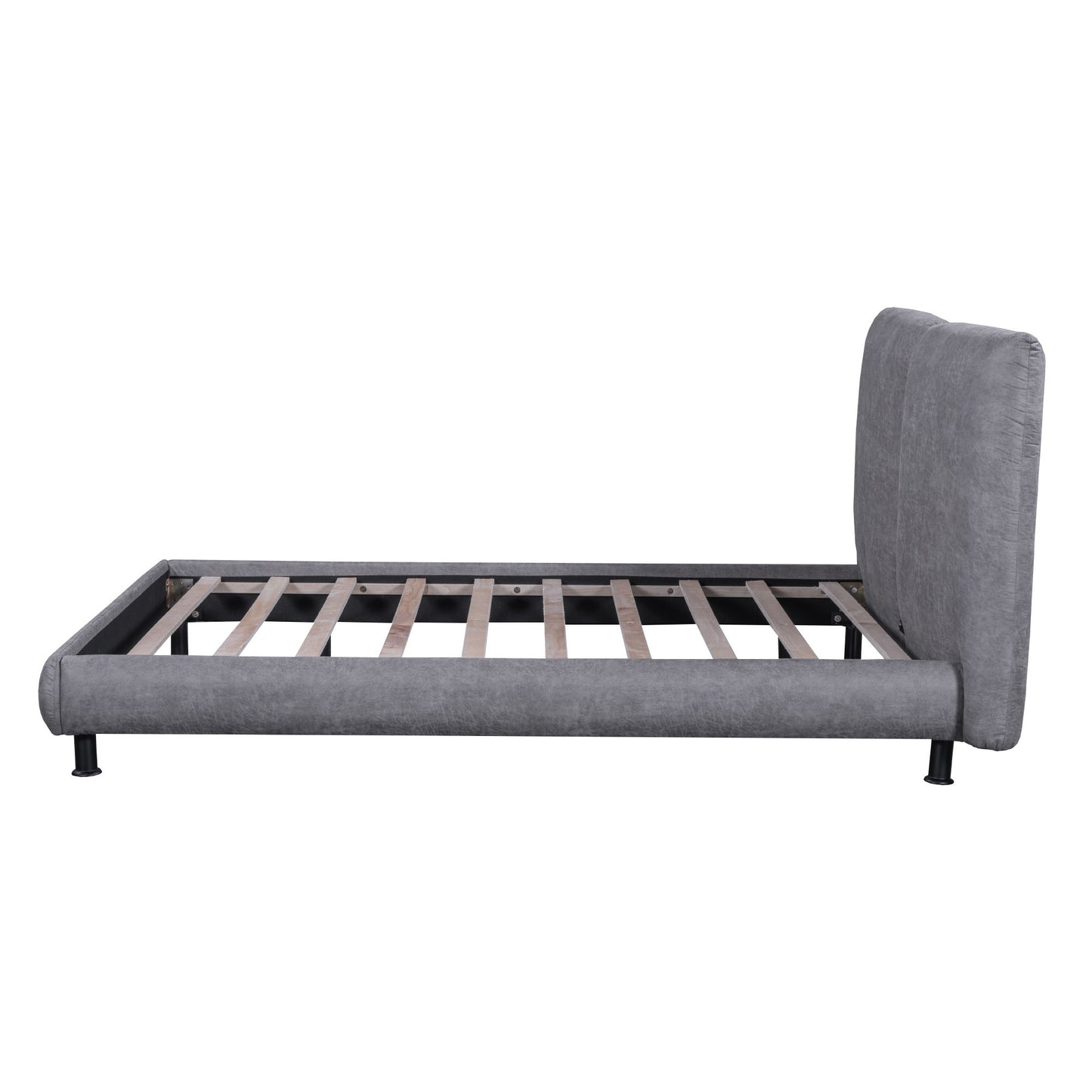 Queen Size Upholstered Platform Bed With 2 Large Headrests And Thick - Gray