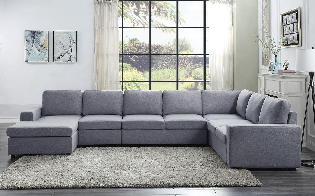 Hayden - Linen 7 Seat Reversible Modular Sectional Sofa Chaise - Light Gray
