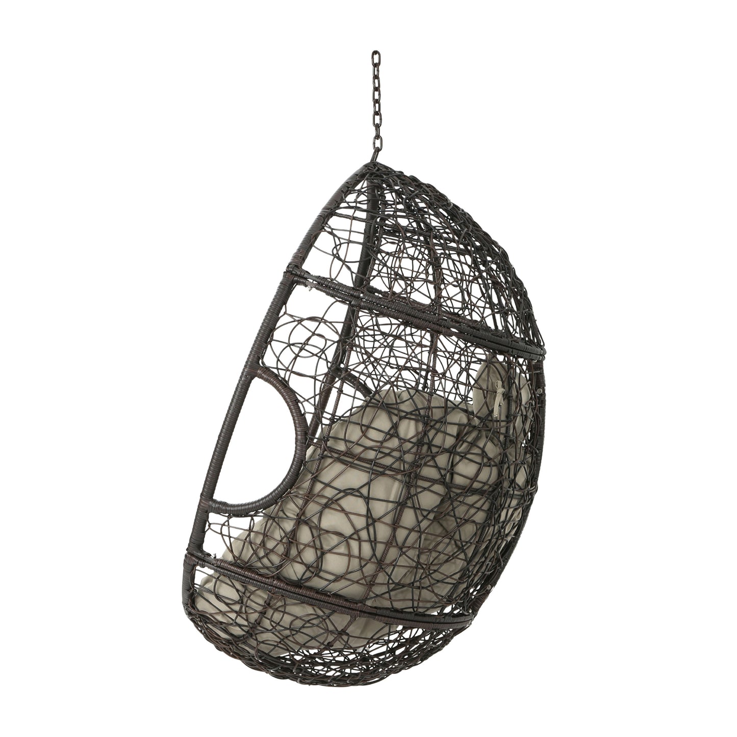 Kylie - Hanging Basket Chair Brown Cozy Rattan Design With Water Resistant Cushions - Khaki / Brown
