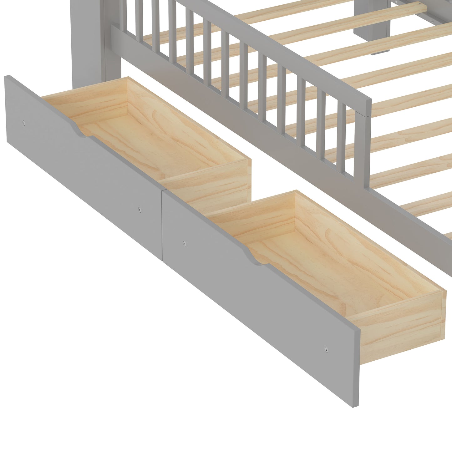 Twin Size Bed With Headboard Storage Rack, 2 Under Bed Drawers, 3 - Side Guardrails For Safety And Security - Gray