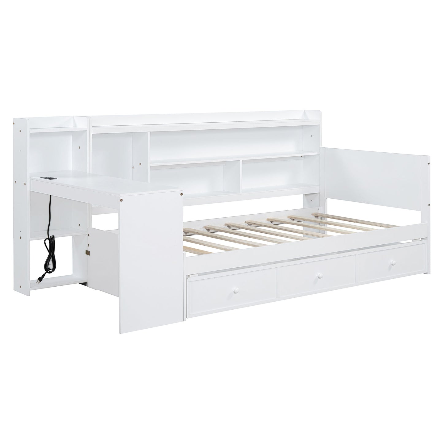 Twin Size Daybed With 3 Drawers USB Ports And Desk - White