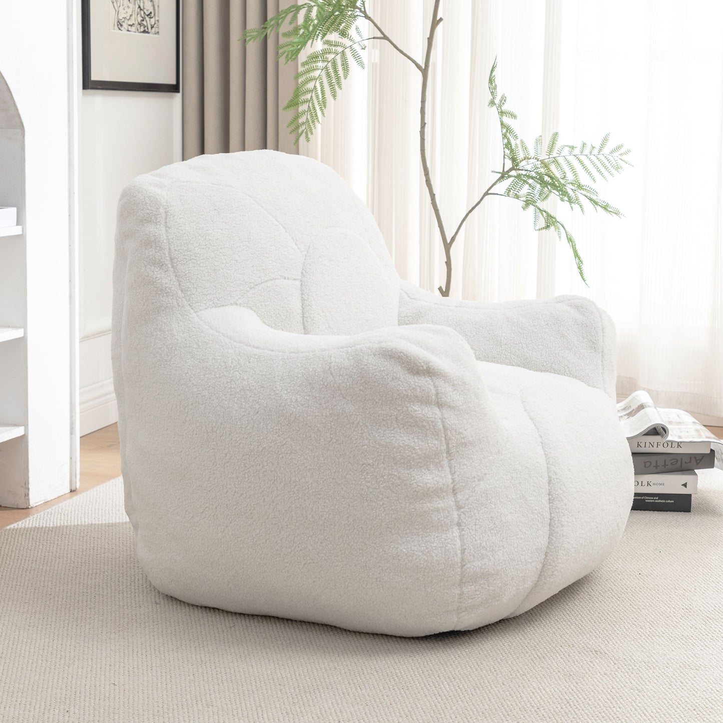 Comfy Bean Bag Chair With Filler, Tufted Memory Foam Sofa Teddy Fabric, Fluffy And Cozy Seating For Dorm, Apartment, Or Living Room - White