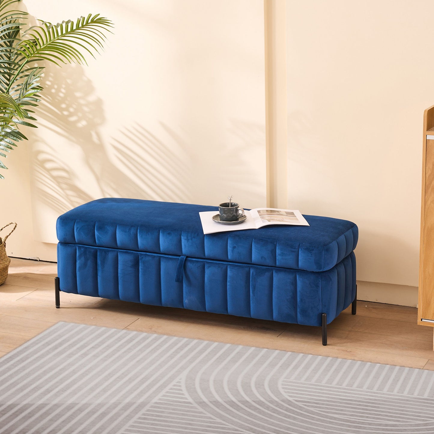 Wide Upholstered Velvet Storage Soft Bench Footstool Ottoman End Of Bed With Metal Legs, Foot Rest For Living Room, Entryway And Bedroom - Black / Navy