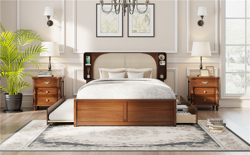 Queen Size Headboard Bed With 2 Drawers And Trundle Walnut