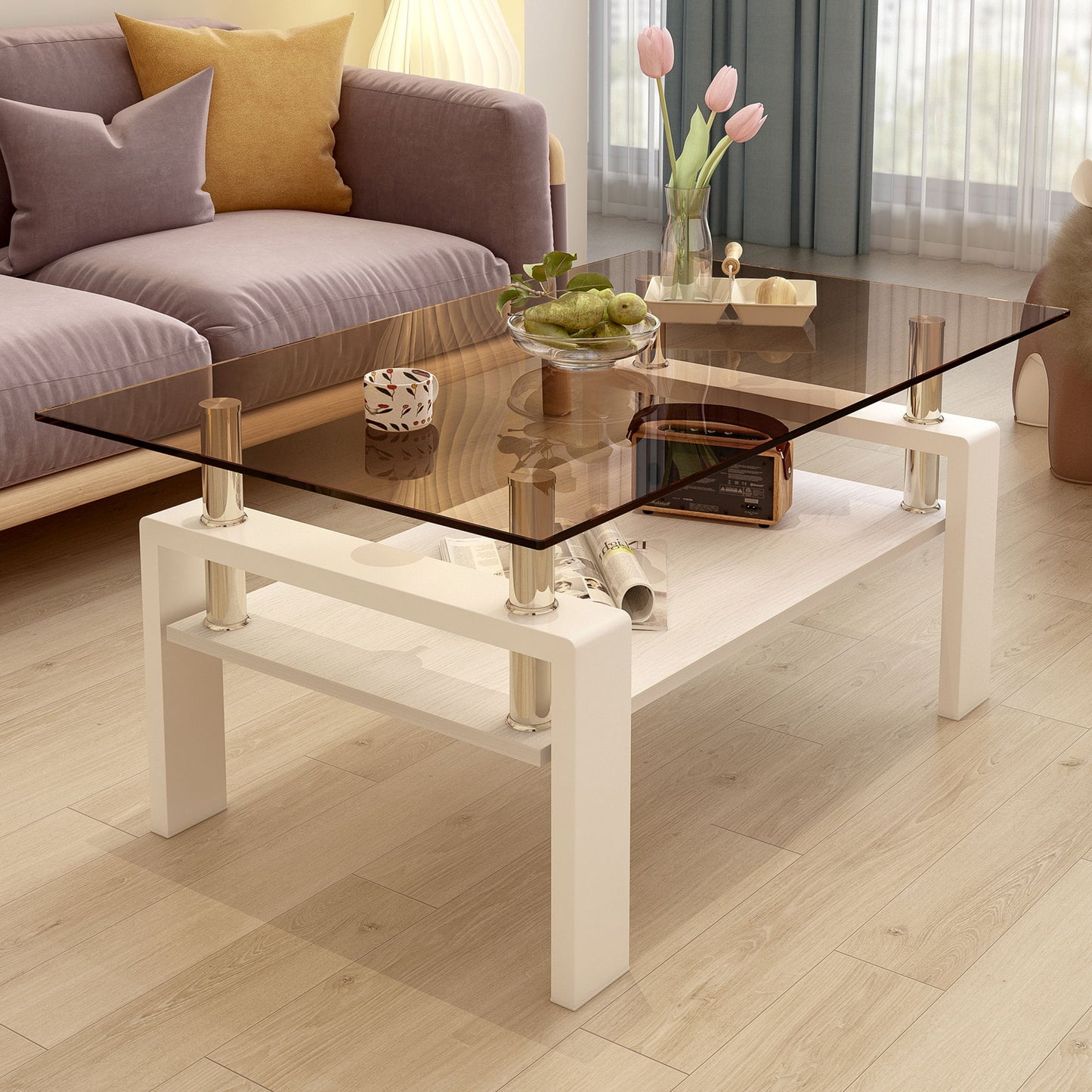 Modern Rectangular Coffee Table With Tempered Glass Top Layer, Table For Living Room - Brown / White
