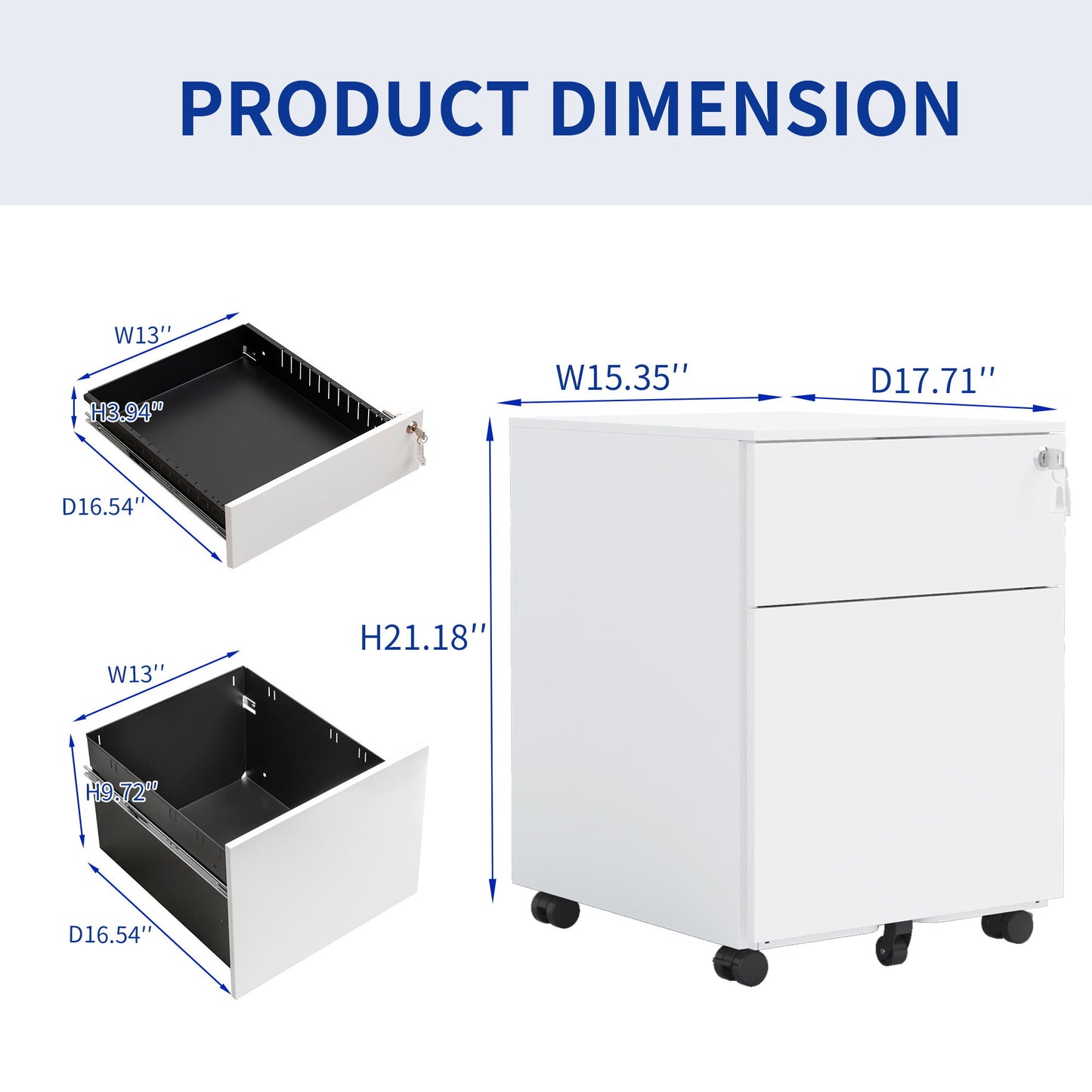 2 Drawer Mobile File Cabinet With Lock Steel File Cabinet For Legal / Letter / A4 / F4 Size / Home / Office Design - White