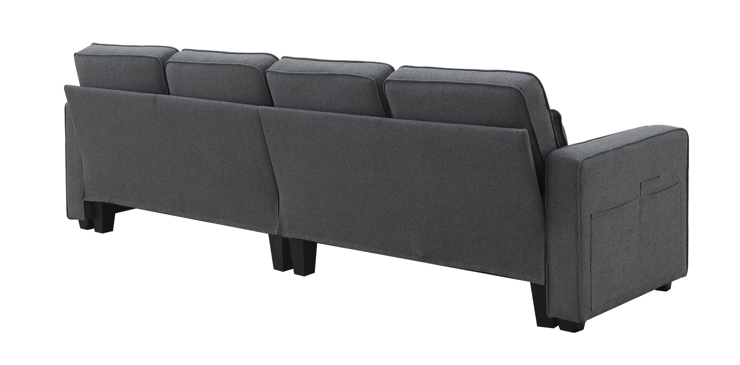 4 Seater Modern Linen Sofa With Armrest Pockets And 4 Pillows, Minimalist Style Couch - Dark Gray