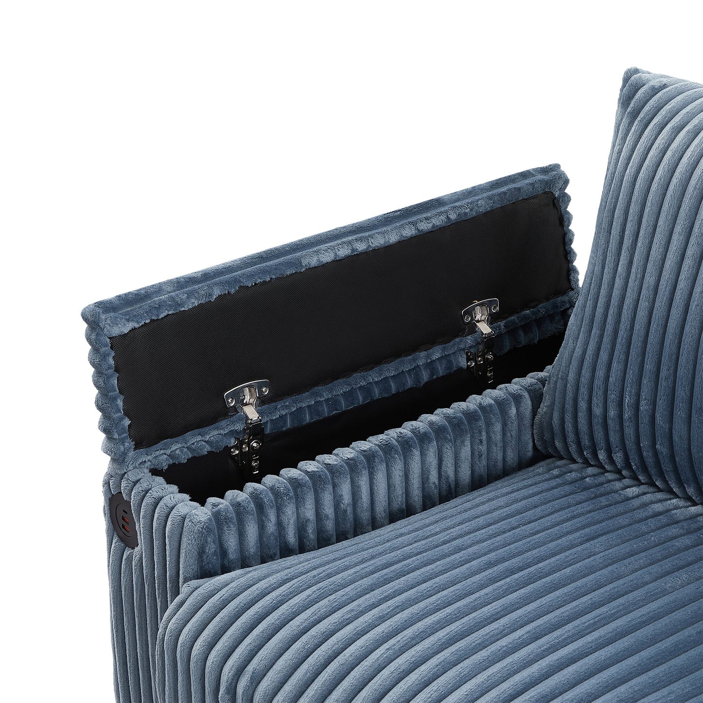 Modern 4 Seater Corduroy Sofa Couch With USB Ports, Hidden Storage, Flip Top Cup Holders - Blue