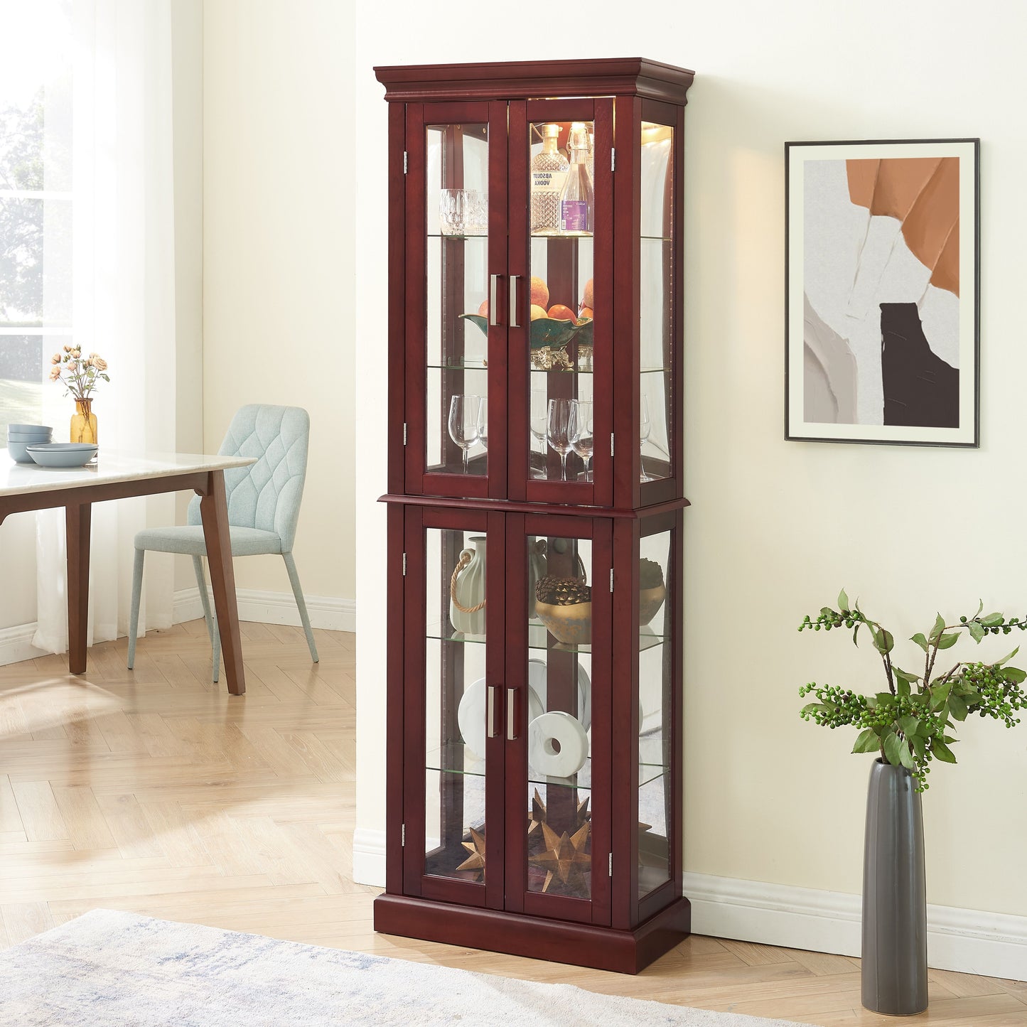 Curio Cabinet Lighted Curio Diapaly Cabinet With Adjustable Shelves And Mirrored Back Panel, Tempered Glass Doors 6 Tier, (E26 Light Bulb Not Included) - Cherry