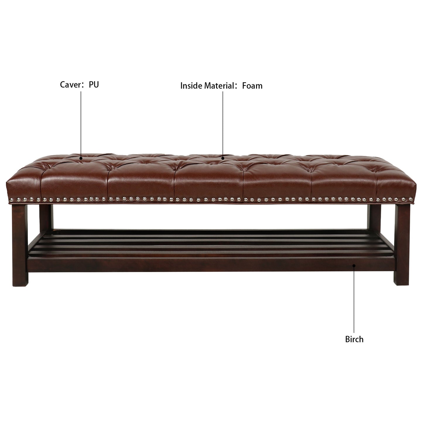 Bedroom End Of Bed Bench Tufted Upholstered End Of Bed Bench End Of Bed Entrance Shoe Bench, 60" With Nailhead Trim And Shelf Bedroom Upholstered Leather Bench Living Room Shoe Rack Footstool - Dark Brown