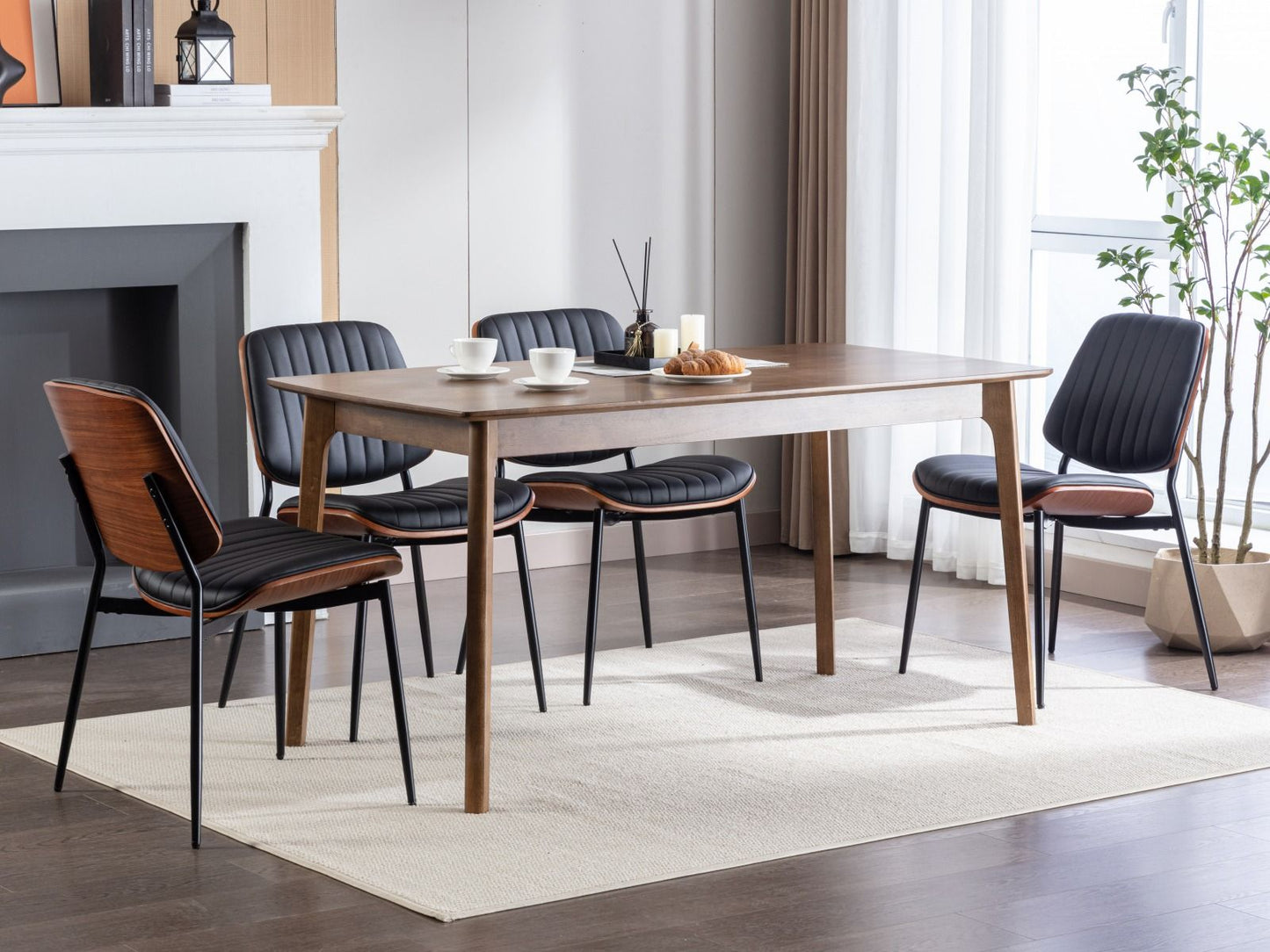 Dining Chairs Mid-Century Modern Retro Faux Leather Chair With Walnut Bentwood Back Upholstered Seat Metal Legs Adjustable Foot For Kitchen Dining Room Chairs (Set of 2) - Black