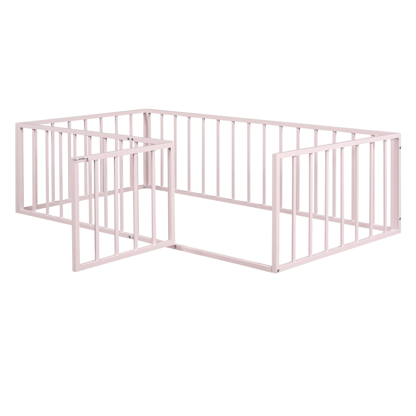 Twin Size Floor Bed Frame With Fence And Door - Pink