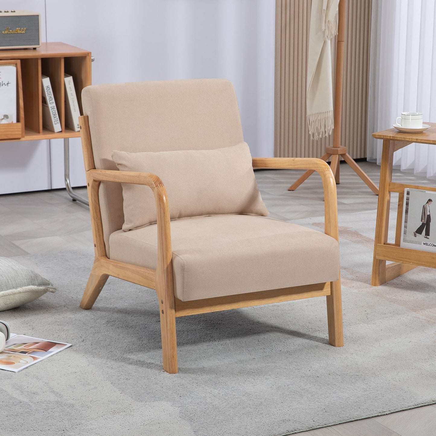 Leisure Chair With Solid Wood Armrest And Feet, Mid-Century Modern Accent Sofa, 1 Seat - Beige